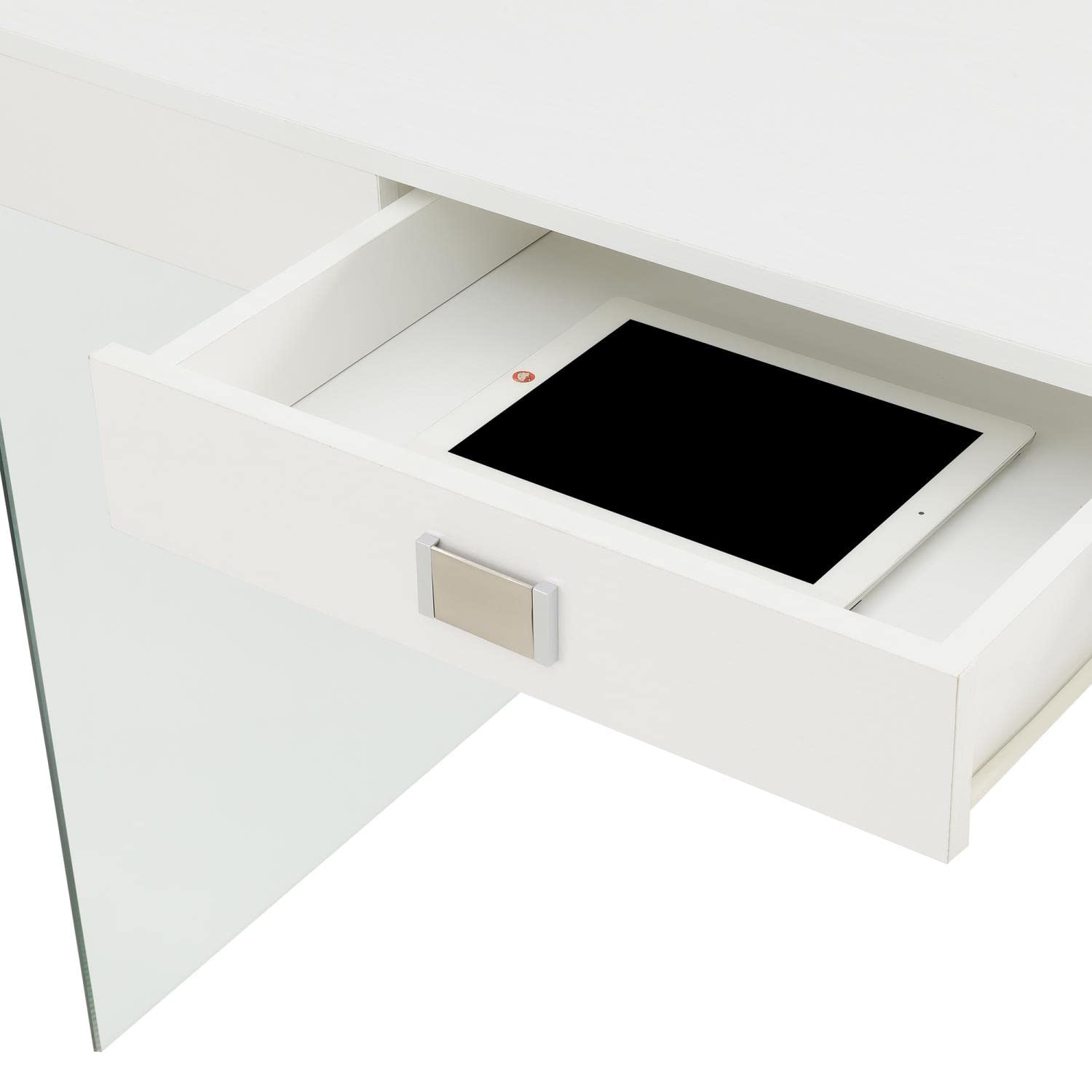 Soho Glass Desk with Built-in Charging Station - 42 Inch Modern White Writing Desk for Home Office, Gaming & Study Workspace