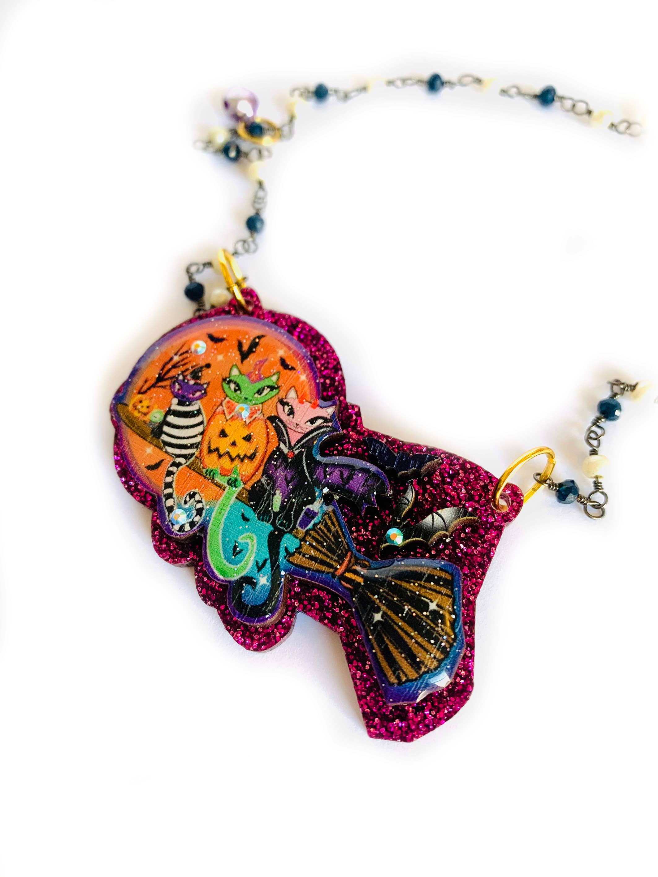 Rosie Rose Parker Cats on a Broom Necklace - Halloween Cat Witch Jewelry for Women, Perfect for Halloween Costume Accessories & Witchy Fashion