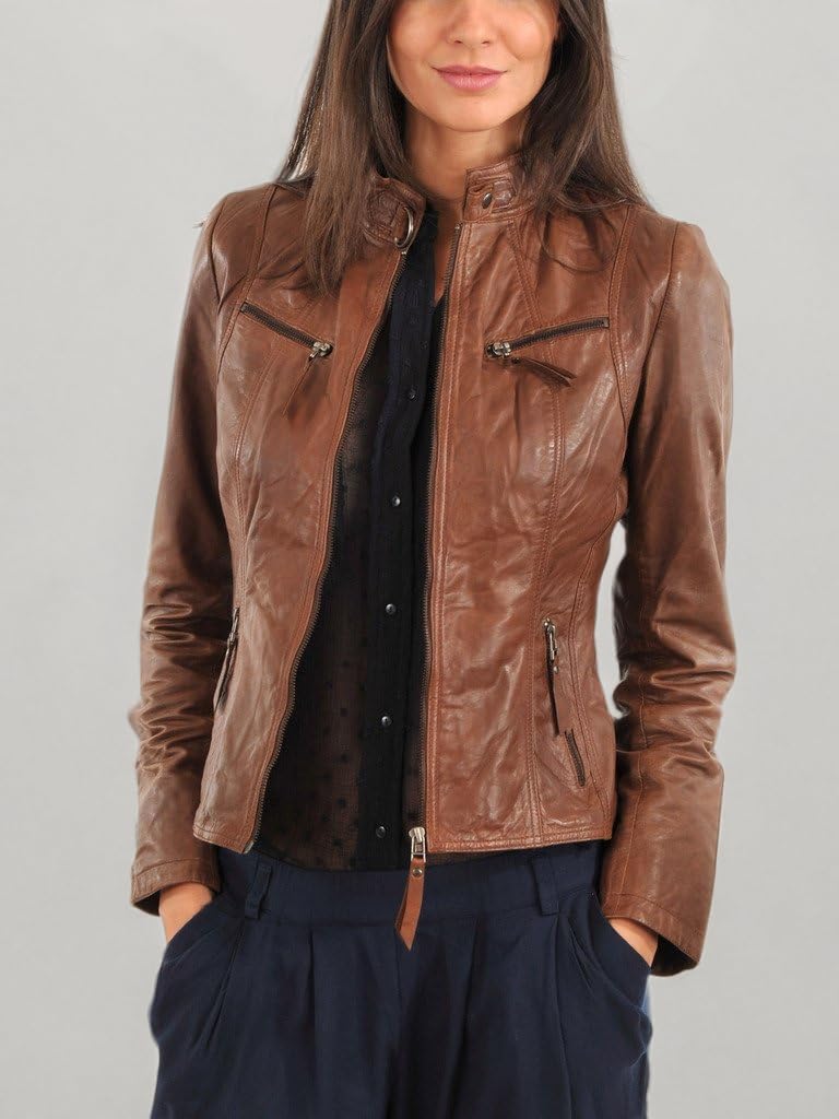 Women's Brown Lambskin Genuine Leather Biker Jacket - Stylish Outerwear for Motorcycle Riding, Casual Outfits & Fall Fashion