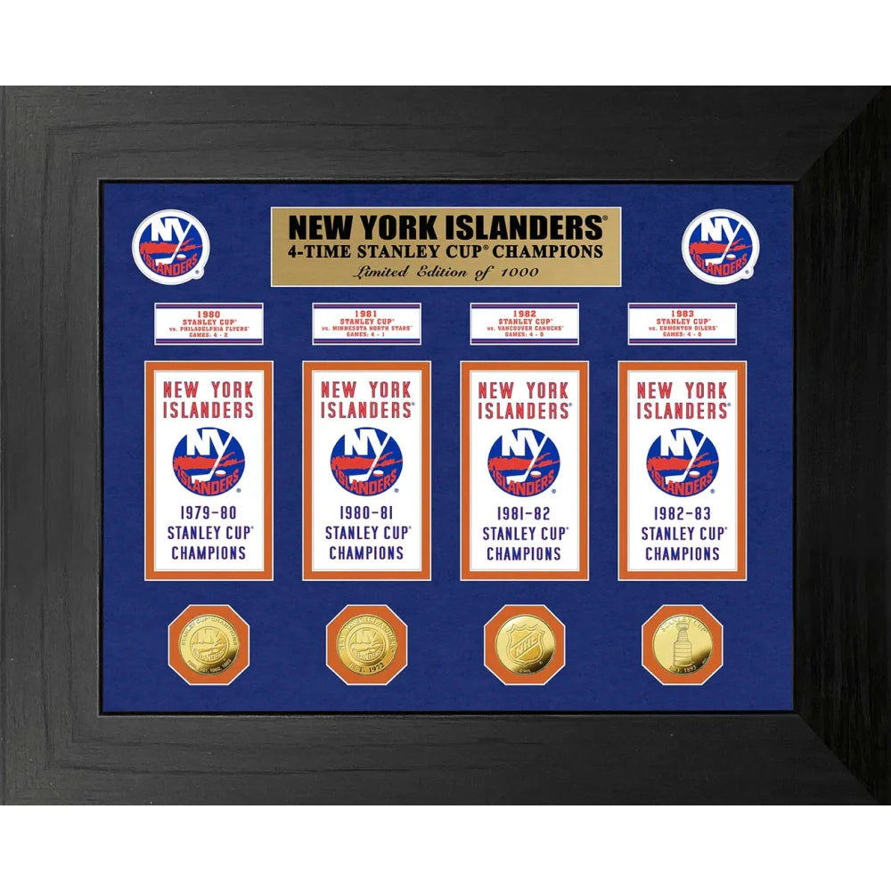 New York Islanders Stanley Cup Champions Gold Coin Framed Collage Wall Art - Perfect for Hockey Fans, Man Cave Decor & Sports Memorabilia Collectors