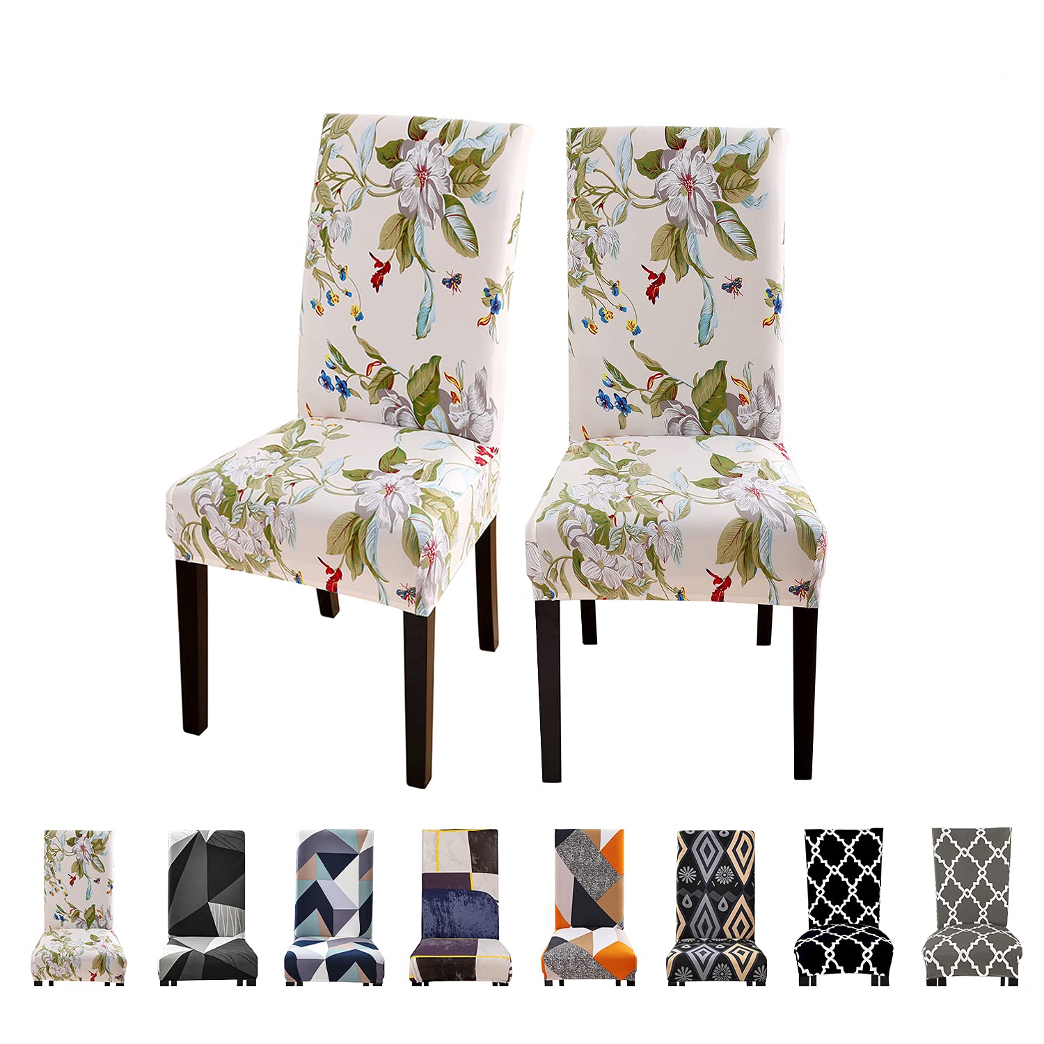 **YEZEX Stretchable Washable Dining Chair Covers Set of 2 - Removable Slipcovers for Kitchen, Hotel & Ceremony - Beige Floral Design - Perfect for Home Decor, Parties & Events**