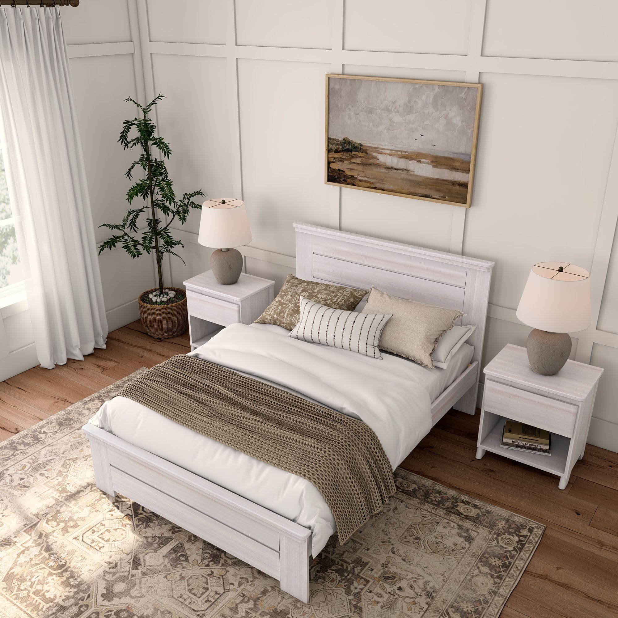 Rustic White Wash Solid Wood Full Bed Frame with Headboard - Sturdy Platform Bed for Bedroom, Guest Room & Farmhouse Decor