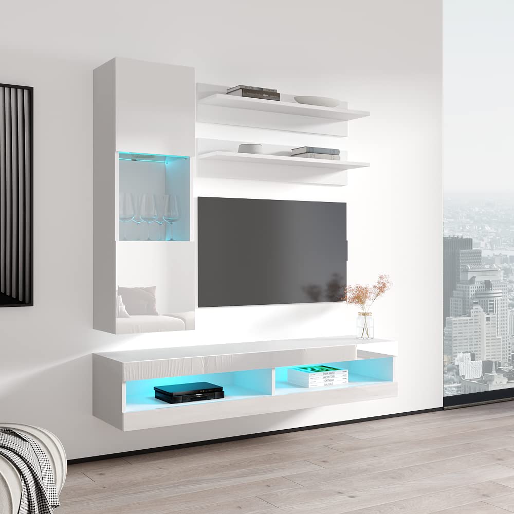 Modern White Wall-Mounted TV Stand with Storage Shelves & LED Lights - Floating Entertainment Center Console for Living Room & Bedroom - Perfect for Small Spaces & Home Theater Setups - Meble Furniture Fly H3 34