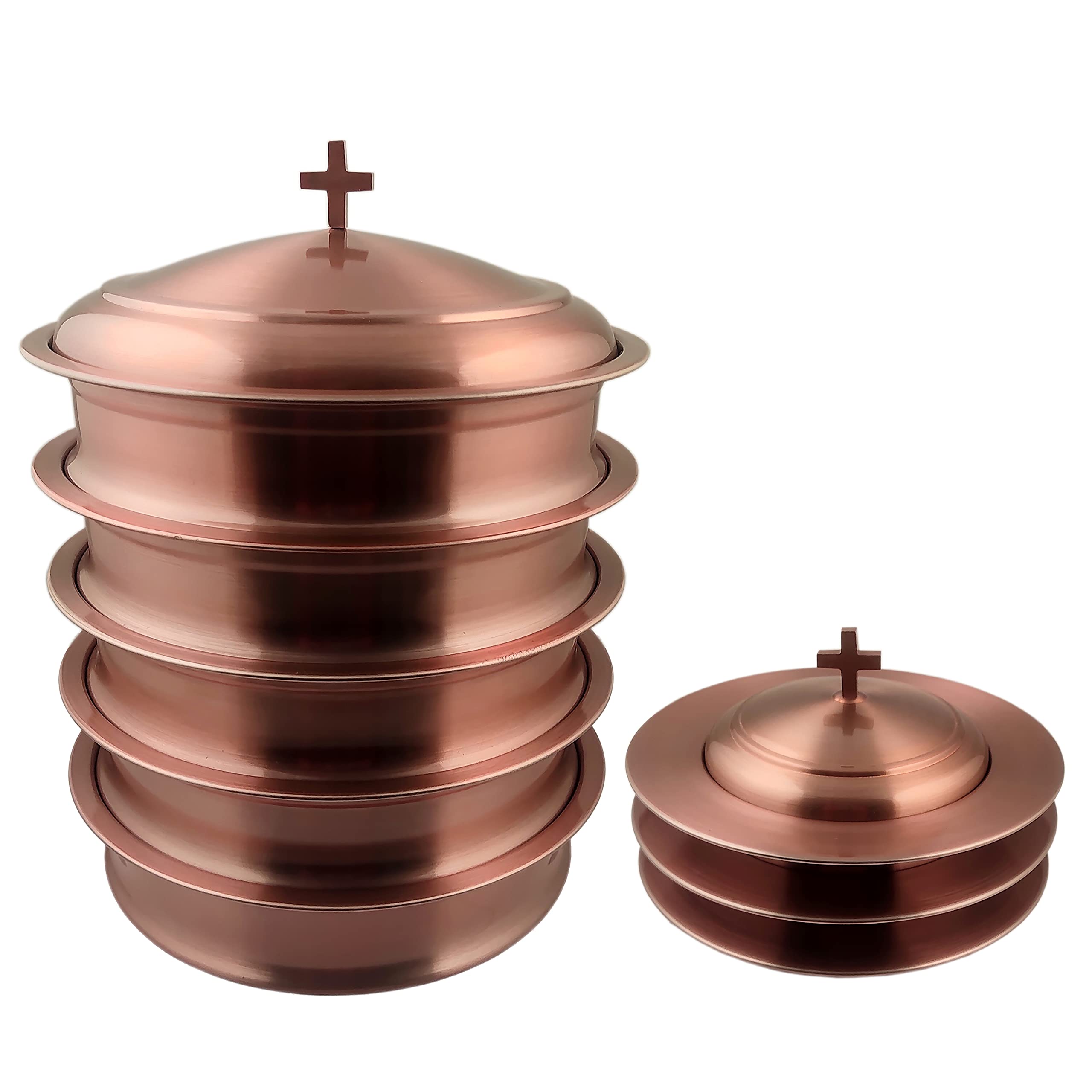 5-Piece Stainless Steel Communion Set with Lids - Holy Wine Serving Trays & 3 Stacking Bread Plates for Church Services (Copper Finish) - Perfect for Eucharistic Celebrations and Religious Ceremonies