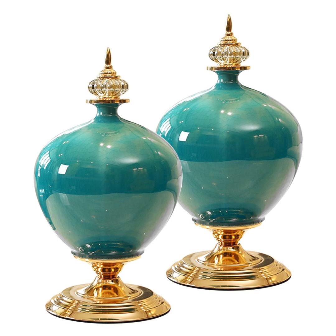 2X 38cm Ceramic Oval Flower Vase with Gold Metal Base - Modern Home Decor for Living Room, Wedding Centerpiece, Office Desk Decor (Green)