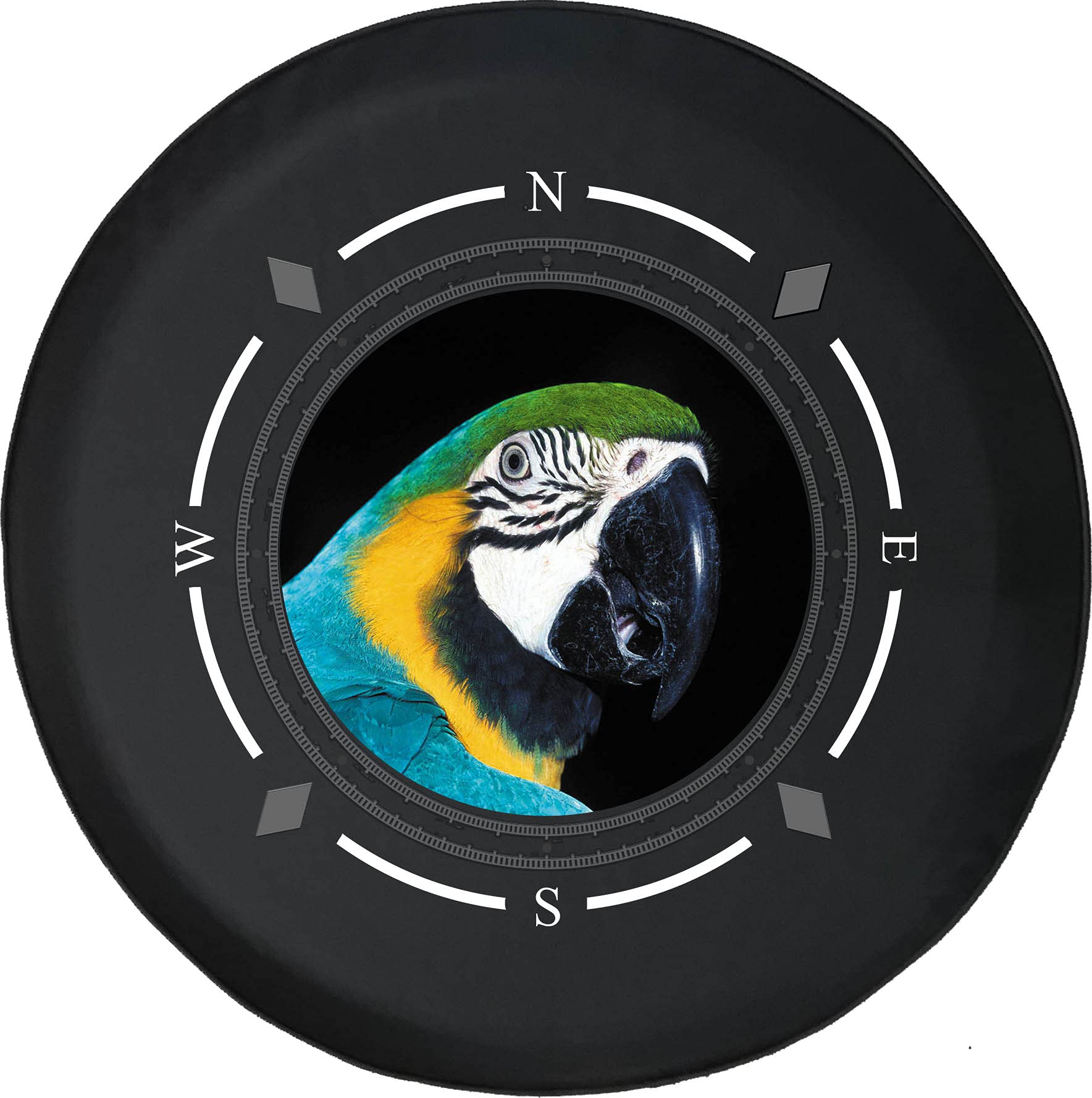 American Unlimited Spare Tire Cover with Compass & Colorful Parrot Macaw Design - Universal Fit for SUV, Trailer, RV & Most Vehicles - Perfect for Outdoor Adventures & Road Trips