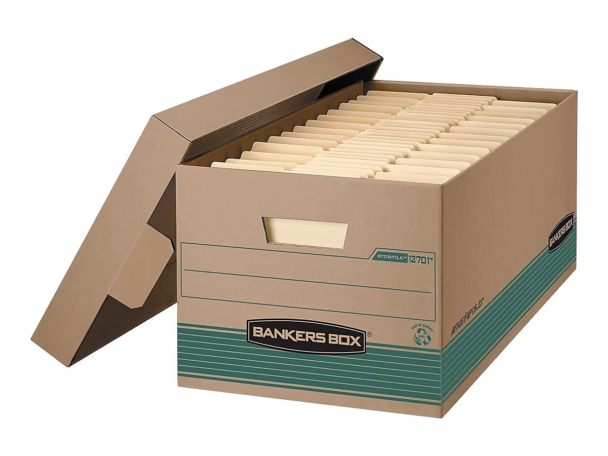 Bankers Box STOR/FILE Medium-Duty Storage Boxes - FastFold Design with Lift-Off Lid, 100% Recycled Material, Letter Size (12.5