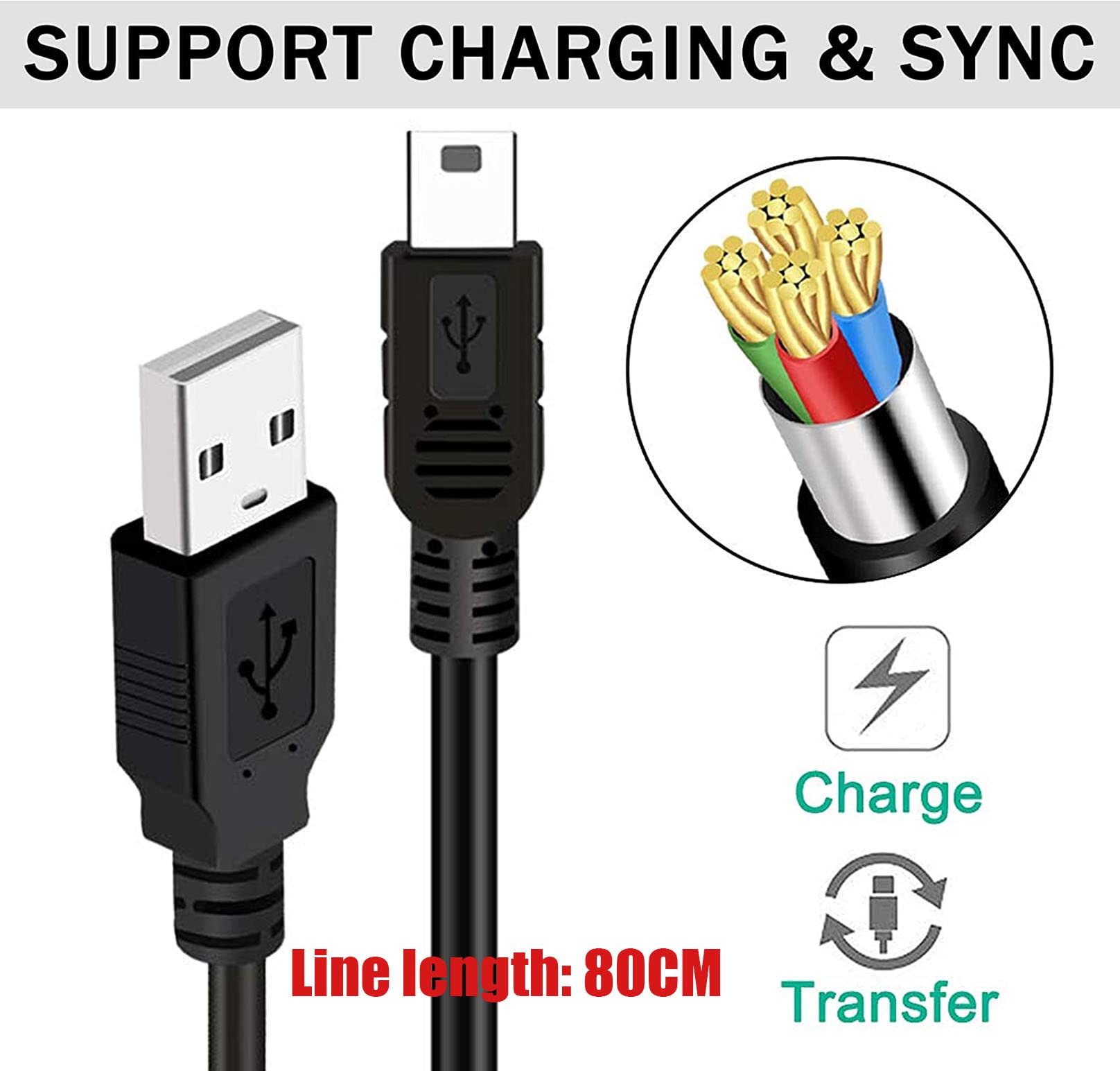 2-in-1 Mini USB Charger & Sync Cable for TI-84 Plus CE Calculator, GoPro Hero 3+, PS3 Controller, MP3 Players, Canon Cameras & Garmin GPS - Fast Charging & Data Transfer for School, Travel & Gaming