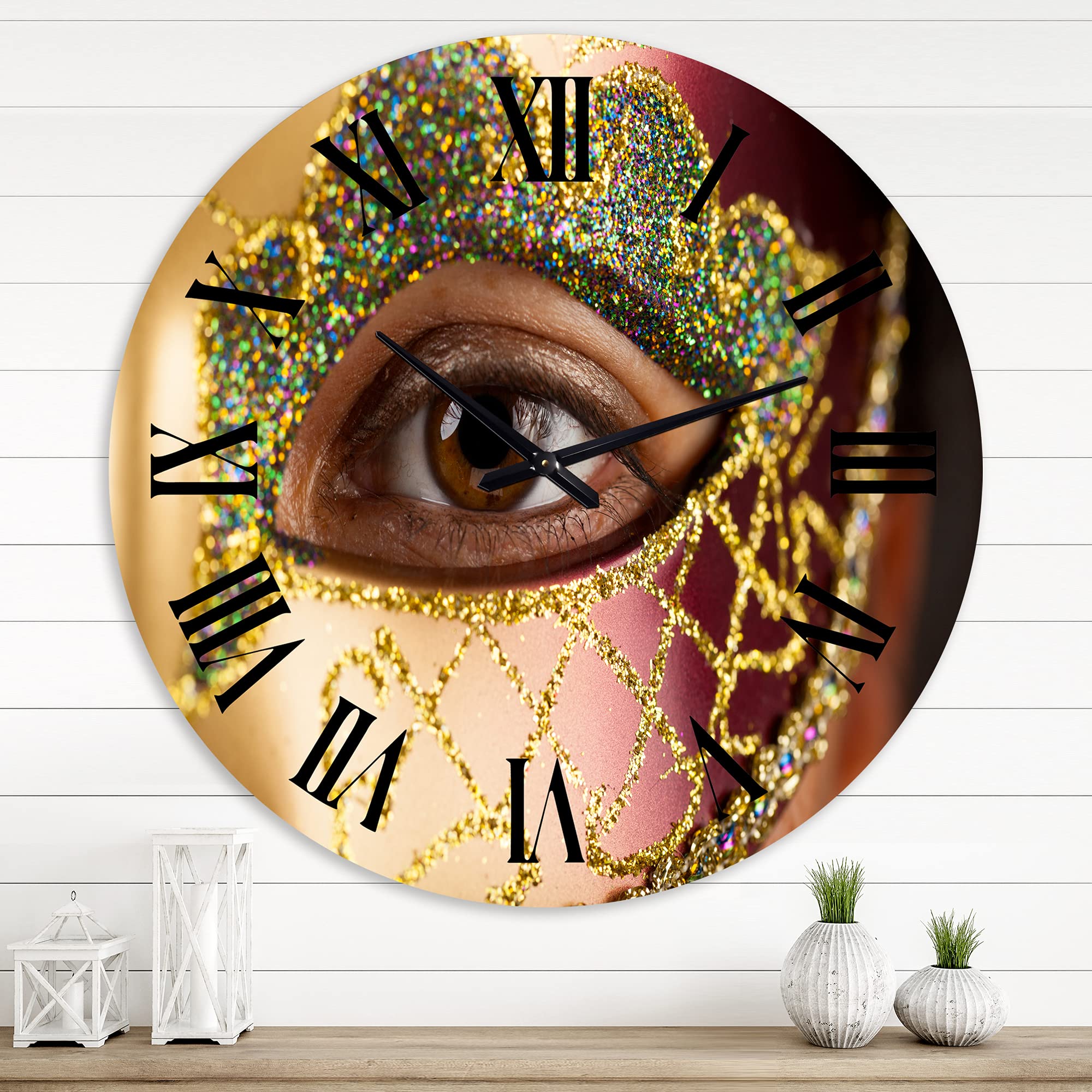Large Modern Wall Clock 'Woman with Venetian Mask' - Elegant Kitchen Decor, Living Room & Office Wall Art - Silent Non-Ticking Battery Operated Clock for Home & Office
