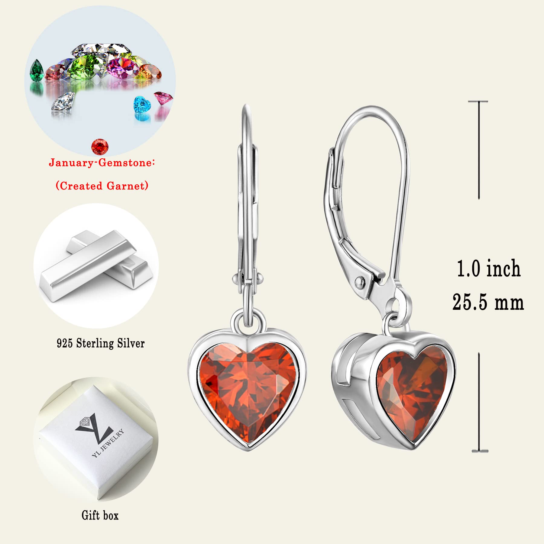 YL 925 Sterling Silver Heart Cut Birthstone Solitaire Dangle Drop Earrings for Women | Leverback Closure | Perfect for Valentine's Day, Anniversary Gifts & Special Occasions
