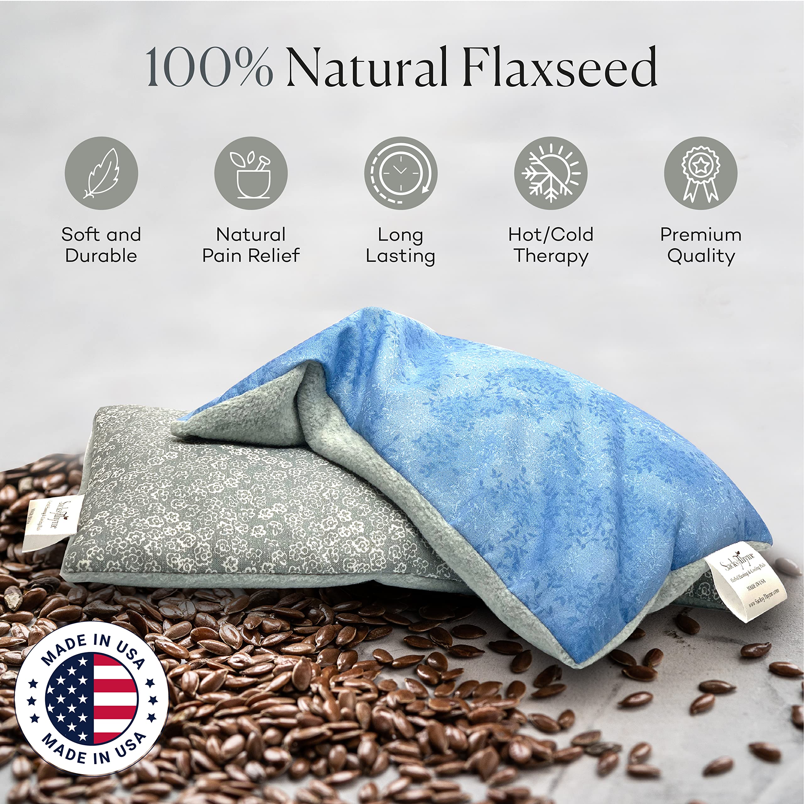 SacksyThyme Microwave Heating Pad for Back Pain, Neck Pain, Menstrual Cramps Relief - Hot & Cold Therapy Pack with Lavender - Flaxseed Moist Heat Pad for Shoulders, Legs - Made in USA (12