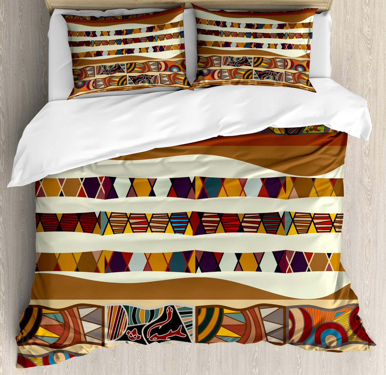 Ambesonne Tribal Duvet Cover Set - Queen Size 2-Pack with 2 Duvet Covers & 4 Pillowcases | Traditional Bohemian Abstract Design in Brown | Perfect for Boho Bedroom Decor, Guest Room & Cultural Home Styling