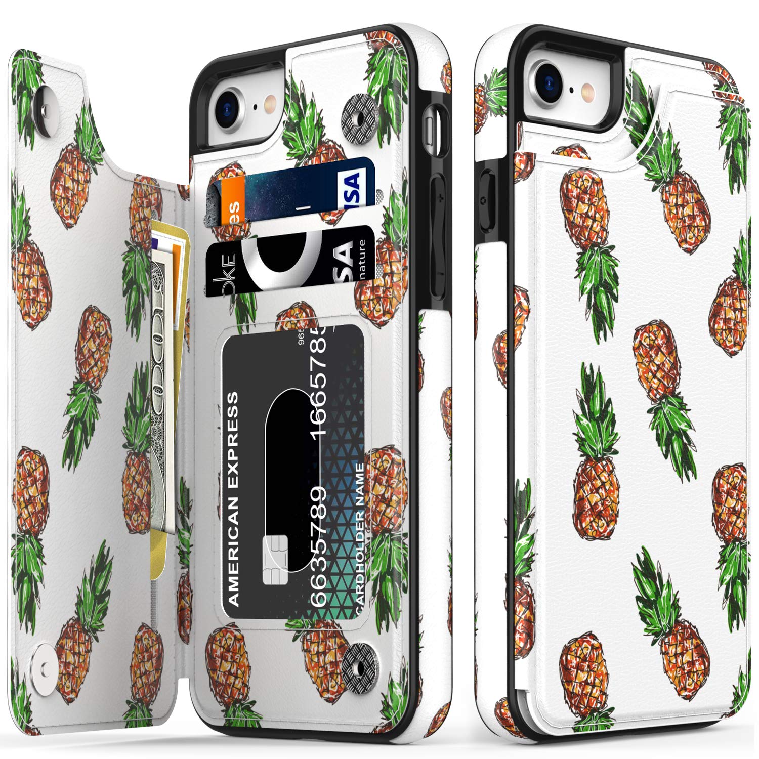 Premium Leather Wallet Case for iPhone SE 2022/2020/8/7 - Stylish Protective Phone Cover with Pineapple Design for Women & Girls | Perfect for Everyday Use, Travel & Shopping