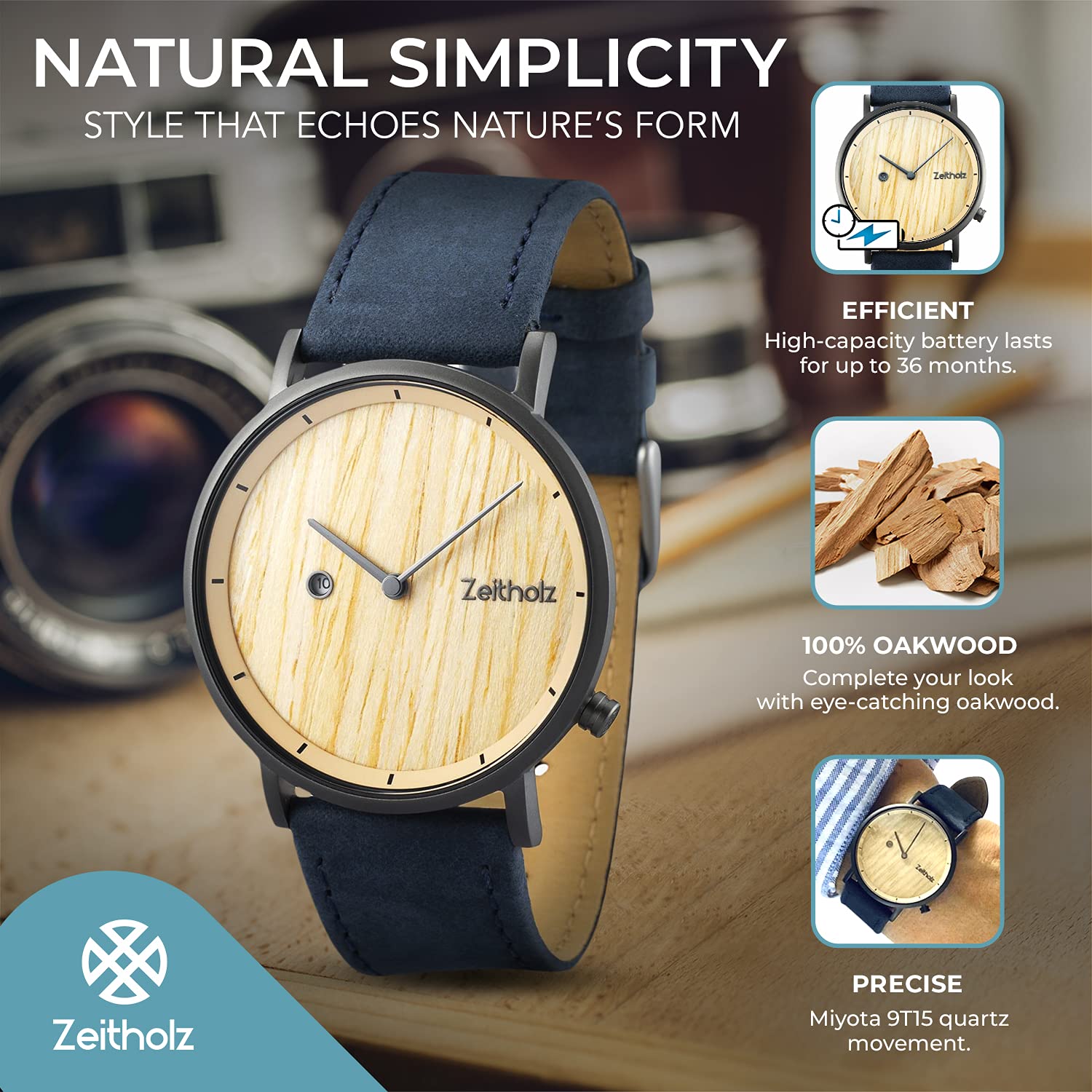 Zeitholz Unisex Wooden Watch - Zweibach Model | 100% Natural Oakwood Handmade Watch with Precise Quartz Movement | Lightweight Analog Wooden Wristwatch for Men & Women | Adjustable Band for All Wrist Sizes | Perfect for Outdoor Activities, Casual Wear & Eco-Friendly Gifts