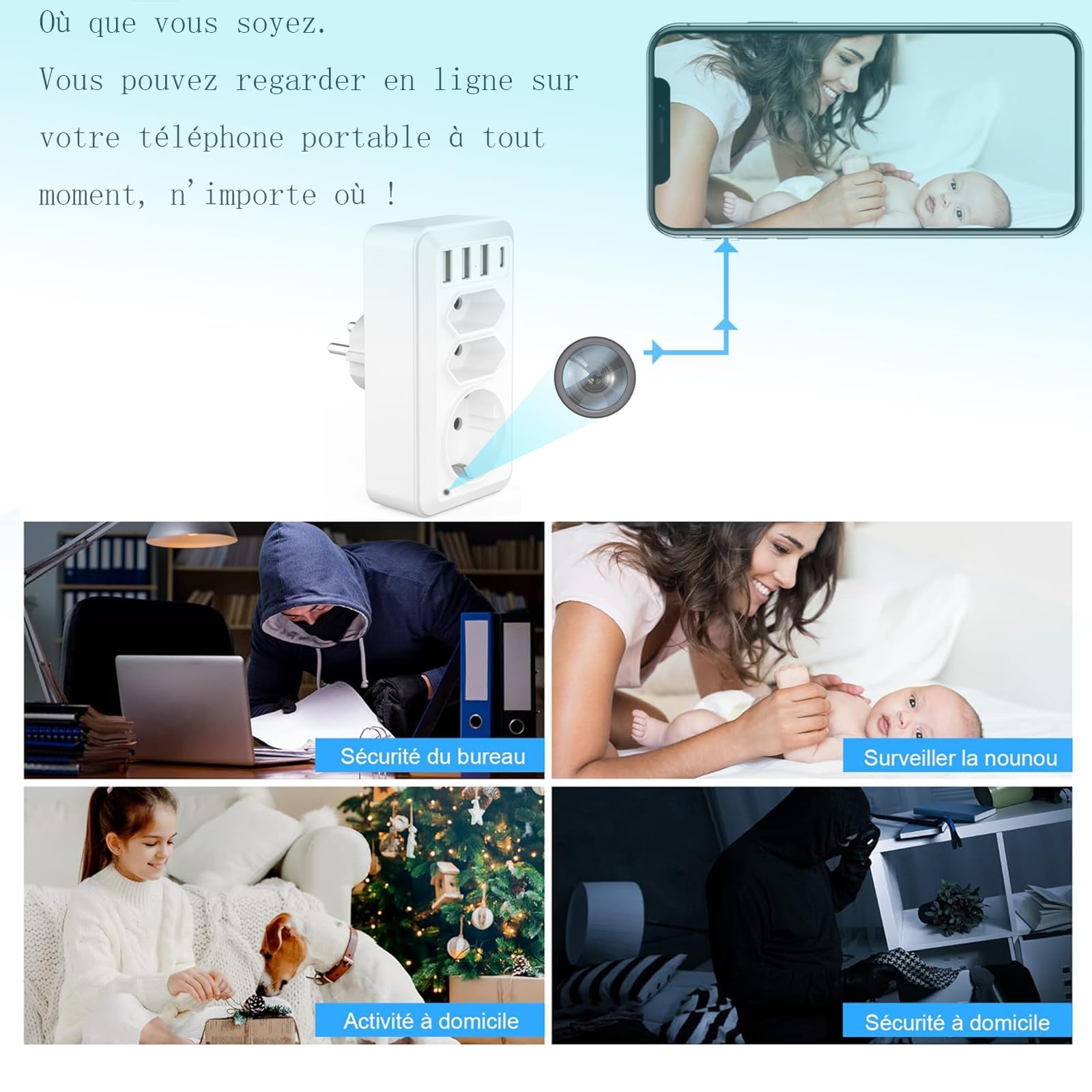 LJHHJLJH Hidden Camera WiFi Spy Camera - Wireless Surveillance & Nanny Cam with 1080P HD, Mobile App Control, USB Quick Charger Socket - Perfect for Home Security, Office Monitoring & Baby Care