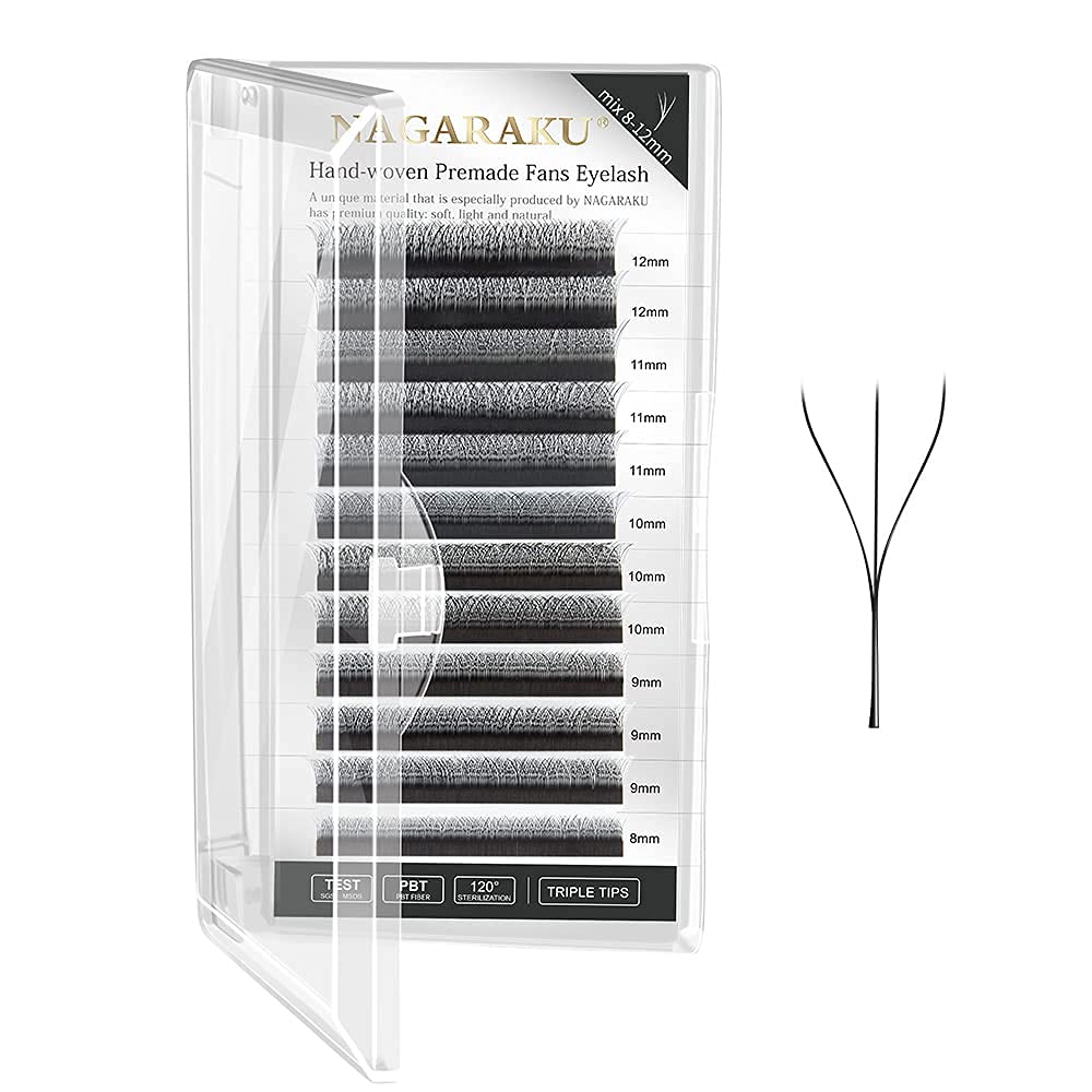 NAGARAKU W 3D Volume Eyelash Extensions - Matte Black Premade Cluster Fans (0.07mm, 12mm, C-Curl) for Professional Salon & Home Use - Perfect for Bridal, Party & Special Occasion Makeup