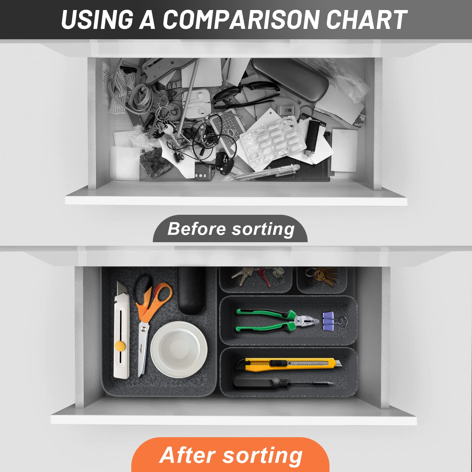 24-Piece Felt Drawer Organizer Set - 4 Sizes for Desk, Makeup, Office, Kitchen & Bathroom Storage - Perfect for Organizing Small Items, Jewelry, Utensils & Office Supplies
