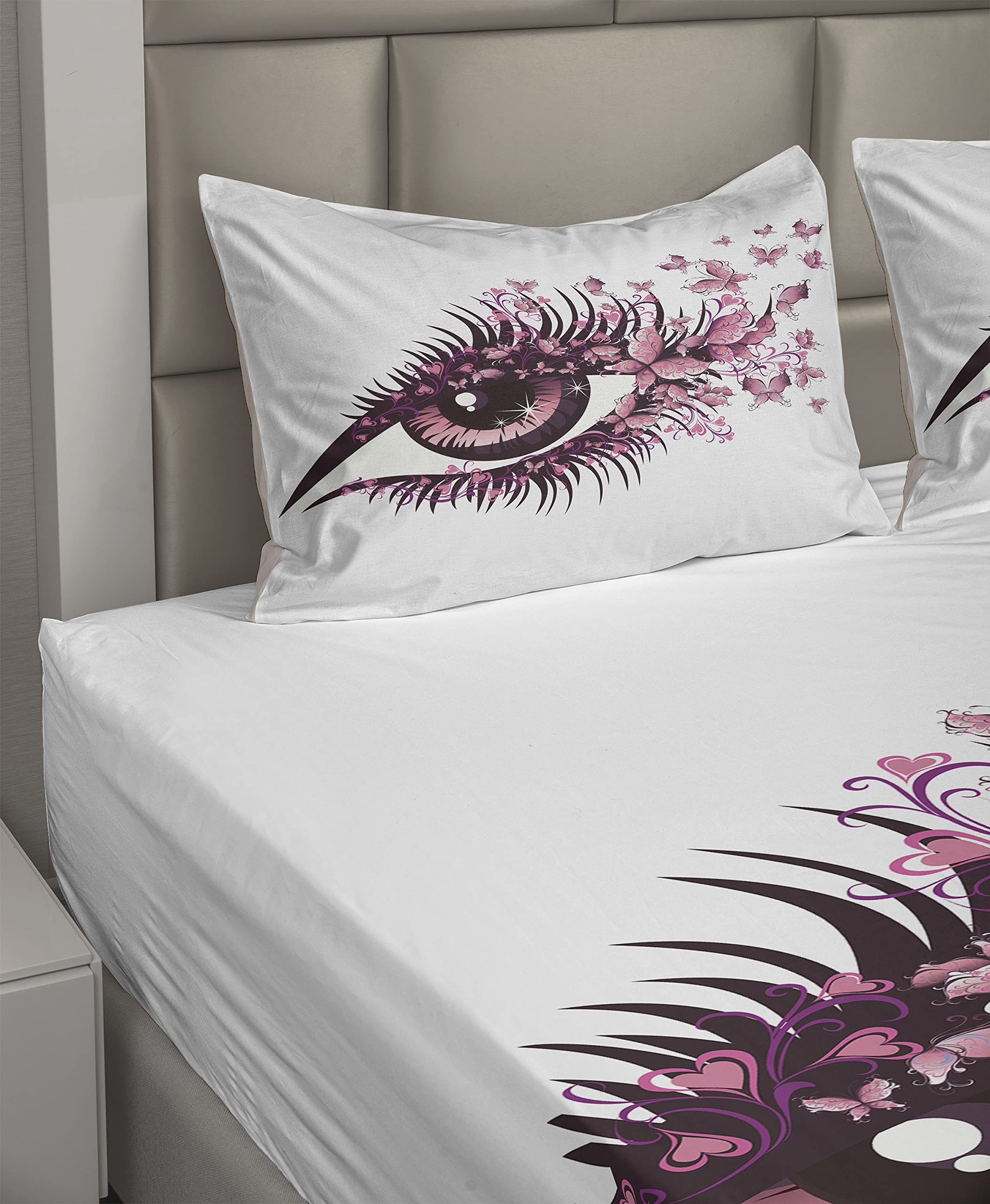 Ambesonne 4-Piece King Size Butterfly & Mascara Print Bed Sheet Set - Pale Pink & Purple Fitted Sheet, Flat Sheet & Pillowcases - Soft Luxury Bedding for Women's Bedroom, Dorm Room or Guest Room Decor