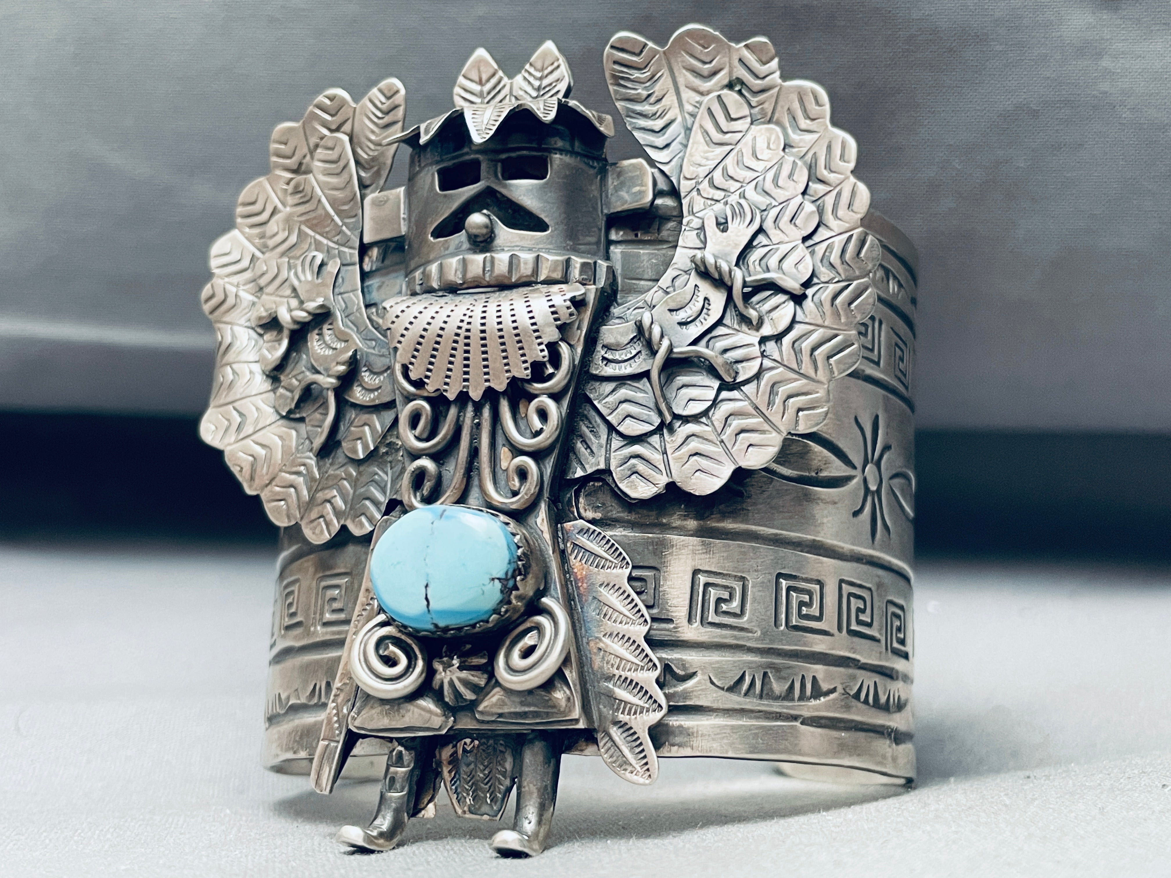 135g Heavy Navajo Turquoise Sterling Silver Kachina Bracelet - Authentic Native American Jewelry for Women, Perfect for Boho Fashion & Special Occasions
