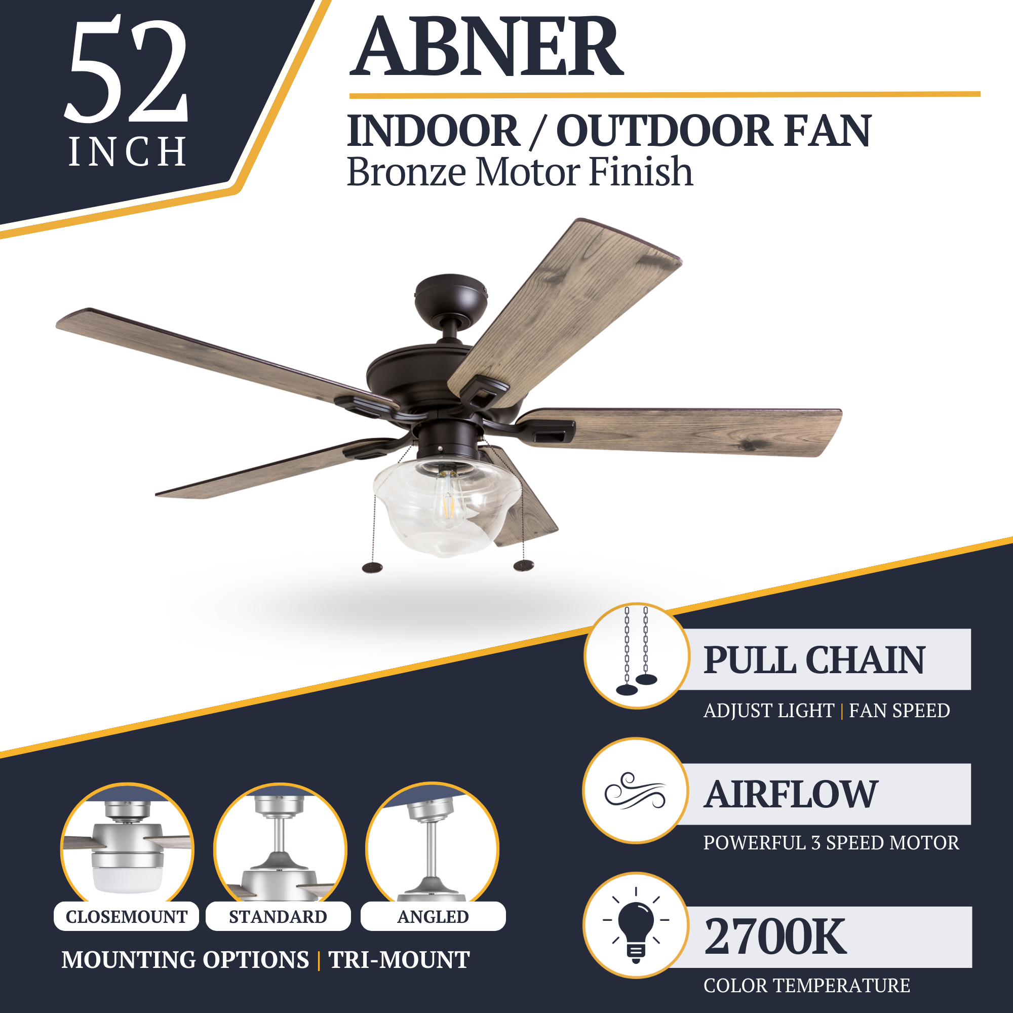 52 Inch Bronze Indoor/Outdoor Ceiling Fan with Pull Chain - Perfect for Living Rooms, Bedrooms, and Covered Patios