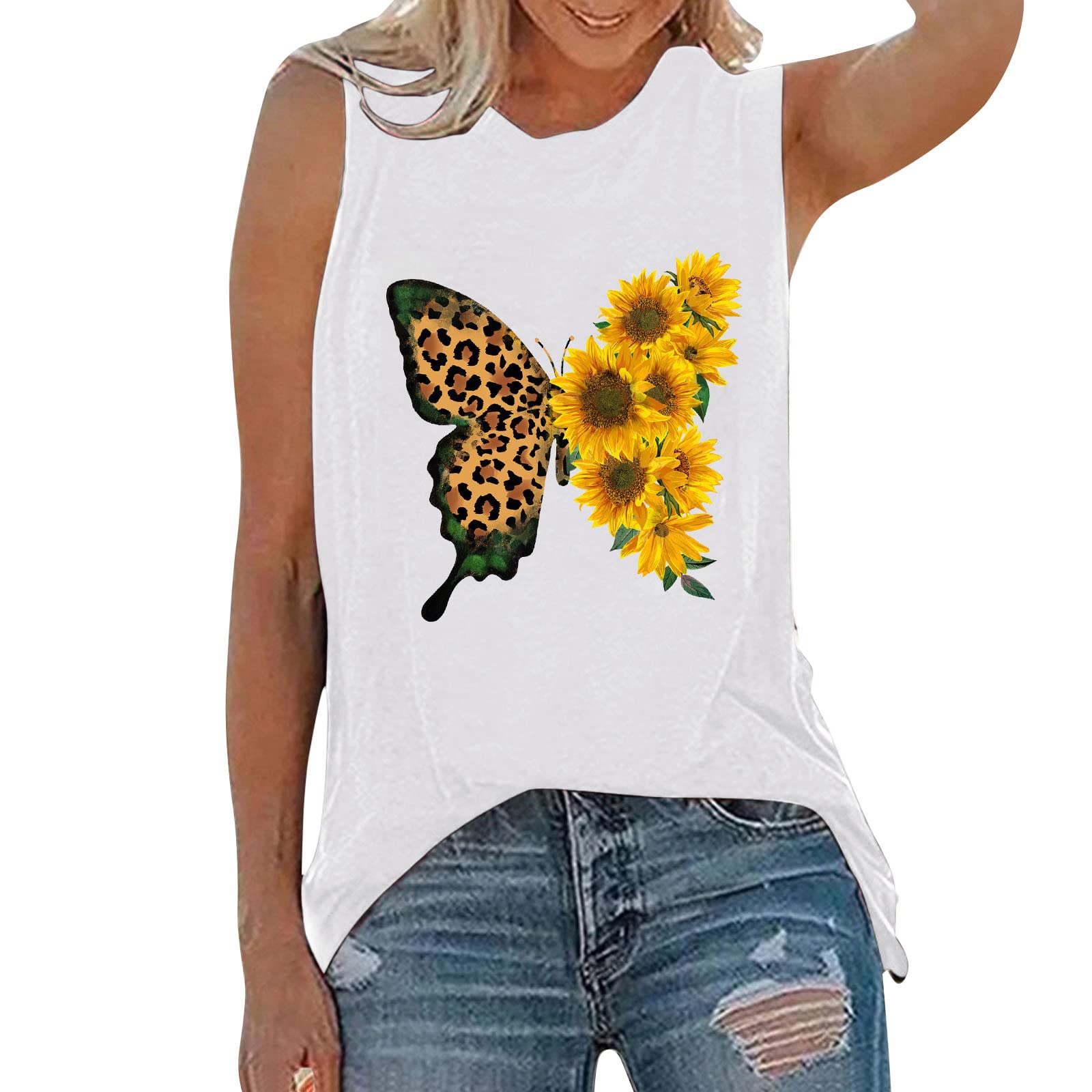 Women's Sleeveless Tank Top - Loose Fit Casual Sunflower Print Blouse for Summer & Spring | Trendy O-Neck Vest Tee Tunic Shirt (White, Small) | Perfect for Beach Outings, Yoga, and Everyday Casual Wear