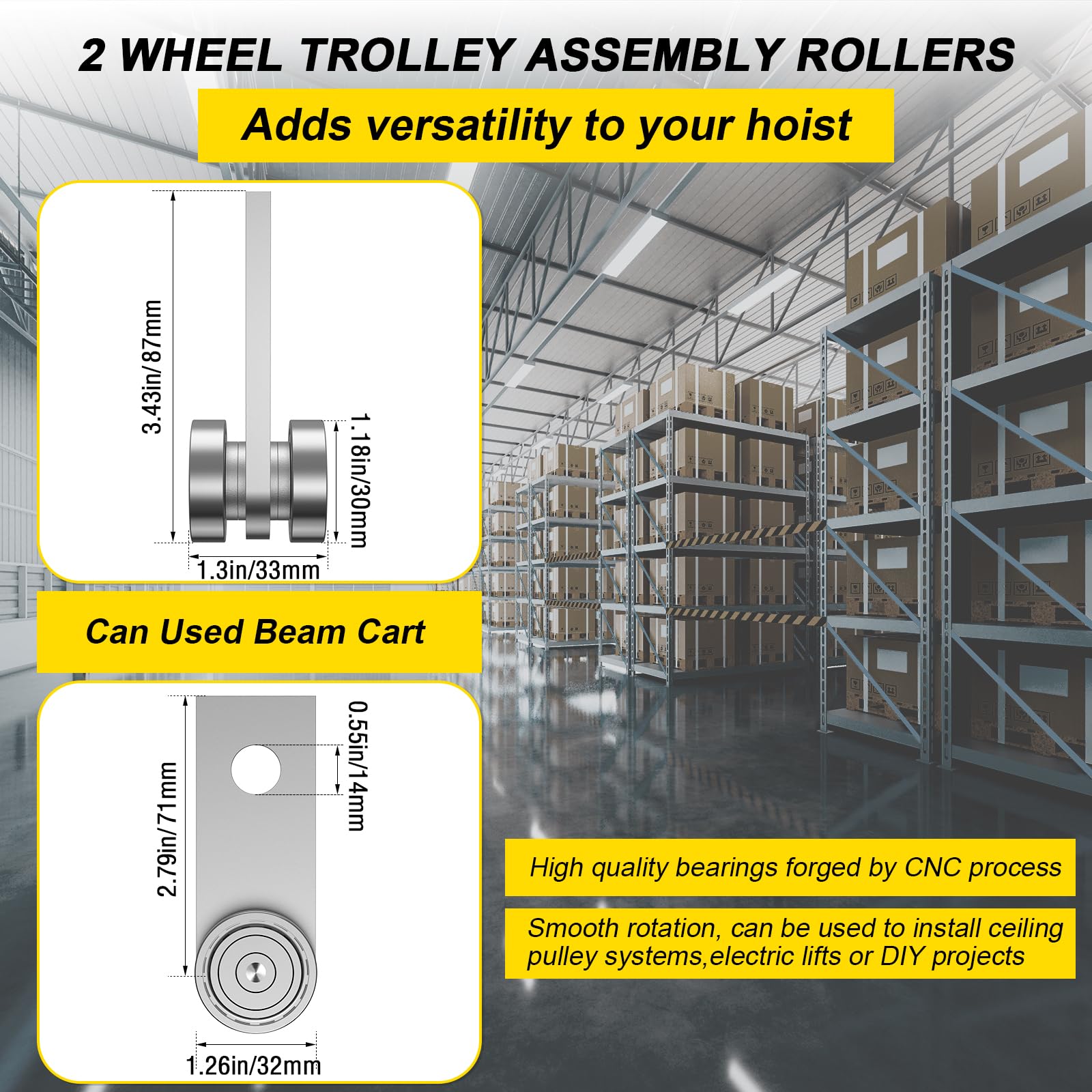 HZG 2 Wheel Trolley Assembly Rollers - Heavy Duty 1-5/8