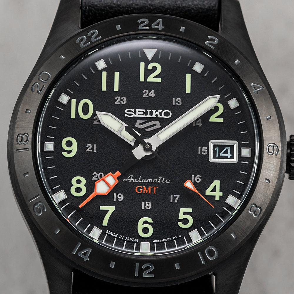 SSK025 5 Sports Field GMT 39.4mm Men's Watch - Black Dial with Genuine Leather Strap - Waterproof Automatic Watch for Travel, Business & Outdoor Activities