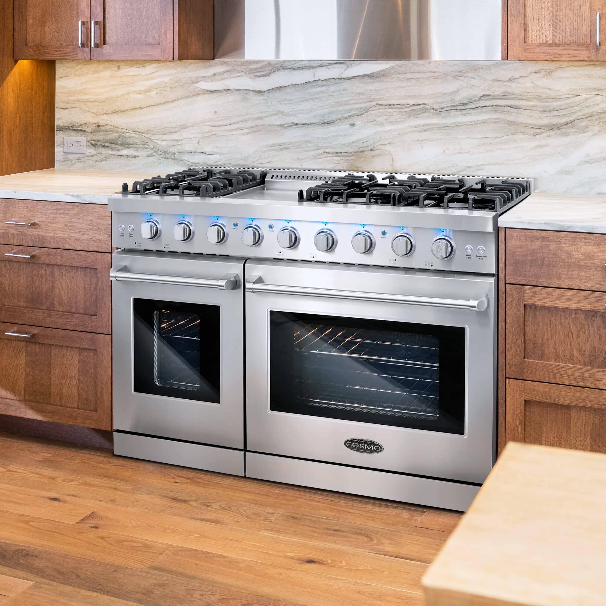 COSMO COS-EPGR486G 48-Inch Stainless Steel Gas Range - 6.8 cu. ft. Double Oven, 6 Burners with Griddle & Convection - Knob LED Lights - Perfect for Large Family Kitchens & Holiday Cooking