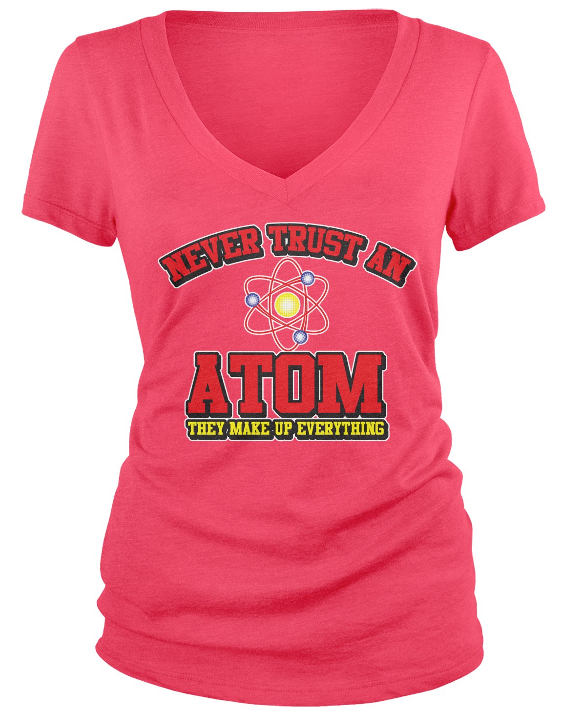 Amdesco Junior's 'Never Trust an Atom They Make Up Everything' Funny Science V-Neck T-Shirt for Teens - Perfect for School, Science Class & Nerdy Humor Lovers