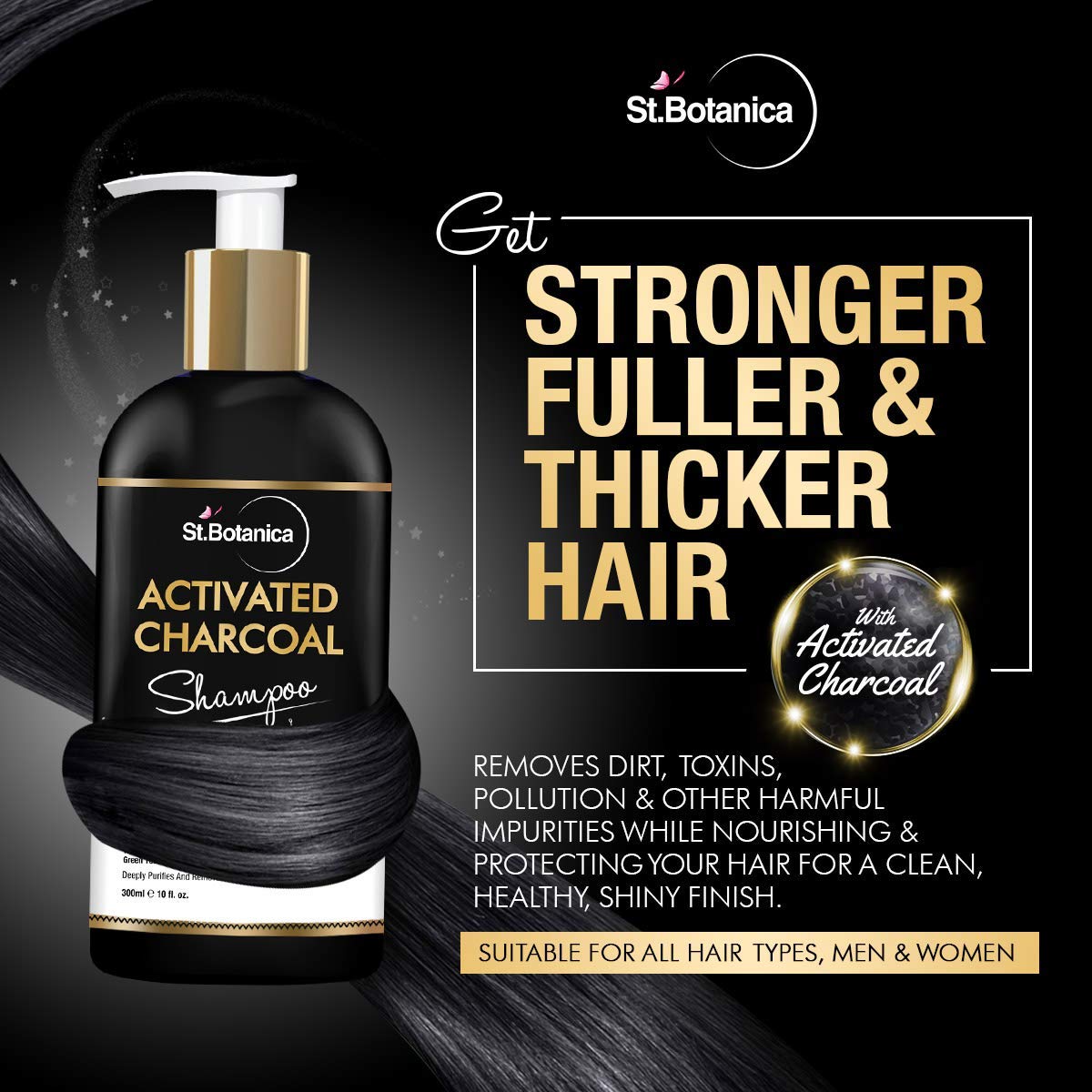 StBotanica Activated Charcoal Shampoo for Detox & Scalp Care - 300ml Sulfate-Free, Paraben-Free with Organic Olive Oil, Almond Oil & Vitamin E - Refreshing Menthol Formula with Silk Protein - Perfect for Oily Hair & Dandruff Control