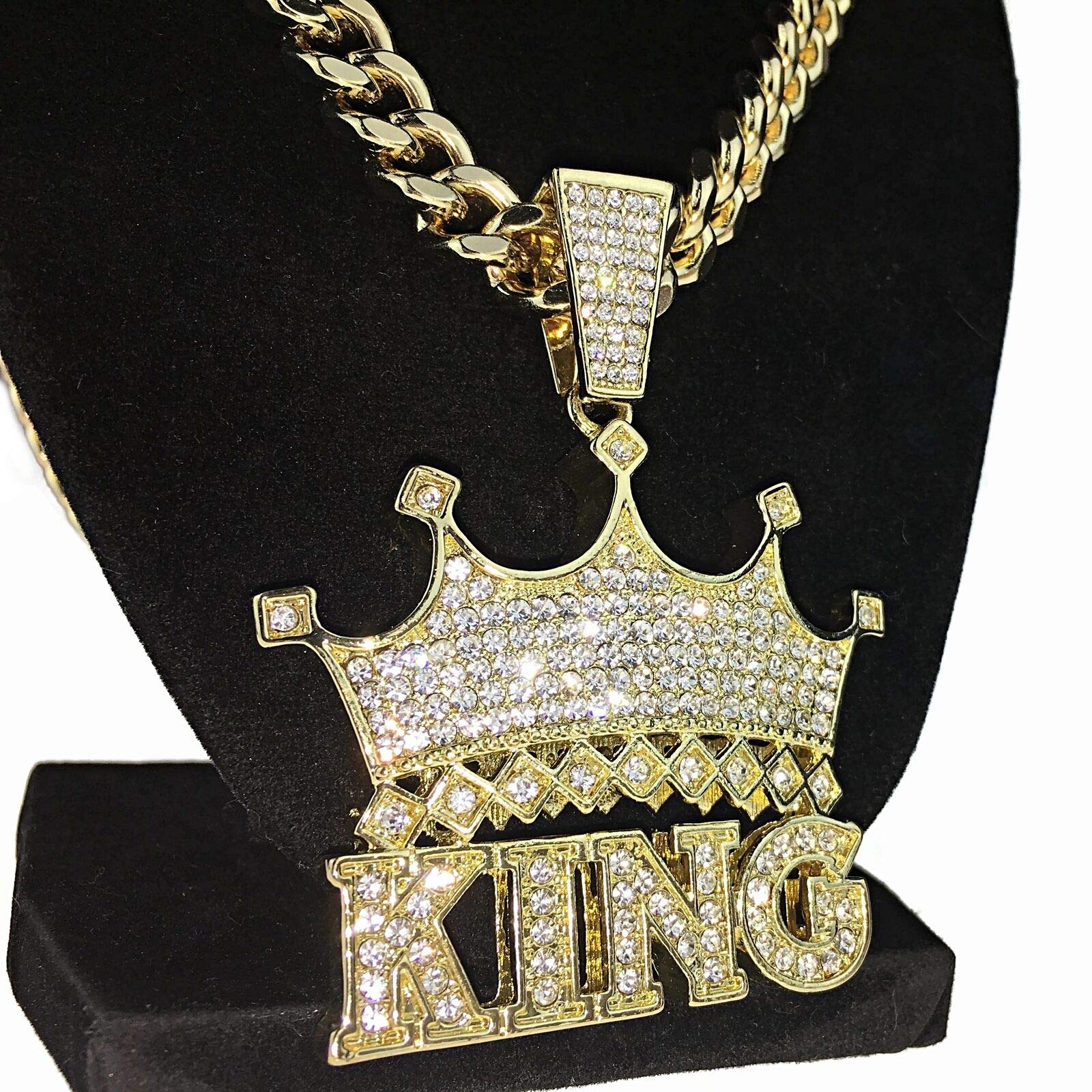 Men's Hip Hop Gold Plated Iced Out Crown King Pendant with 10mm 30 Inch Cuban Link Chain - Bling Statement Necklace for Rappers, Streetwear Fashion & Gift Giving