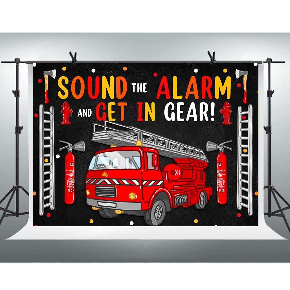Firetruck Birthday Party Decorations for Boys - Firefighter Backdrop & Sound The Alarm Party Supplies - 7x5ft Red Fire Truck Banner for Kids Birthday, Baby Shower & Themed Events