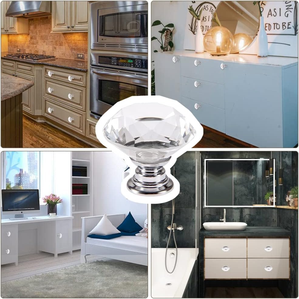 30mm Crystal Glass Knob - 4PCS Diamond Drawer Pulls for Cabinets & Wardrobes - Kitchen & Bathroom Upgrade