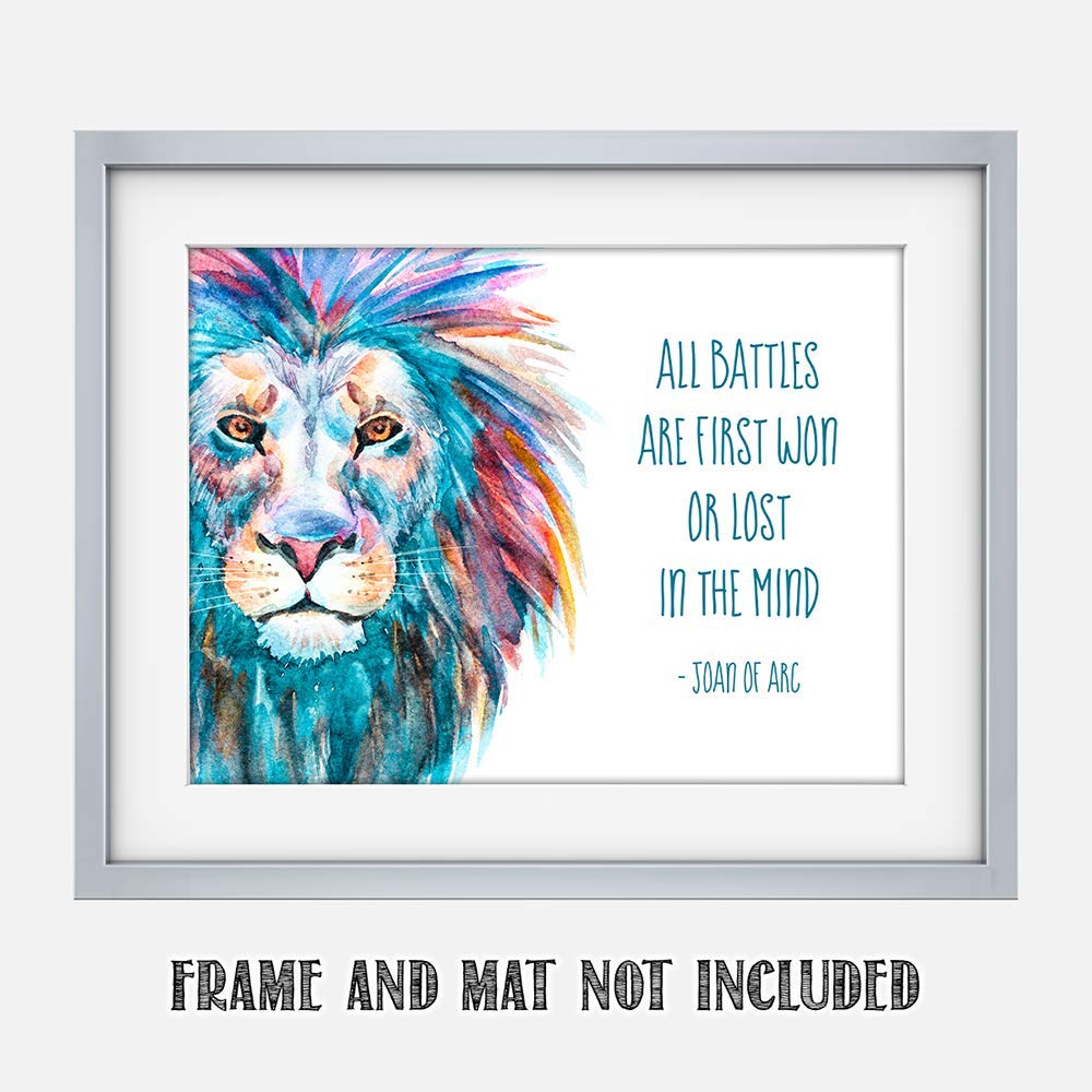 TJ Originals - 'All Battles Are First Won or Lost in the Mind' Joan of Arc Christian Bible Quote Wall Art Print - 11x14 Inspirational Scripture Decor for Home, Office & Church - Motivational Gift for Family & Friends (Brave Lion Design)
