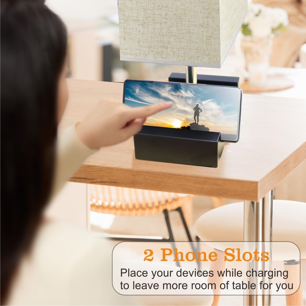 Dimmable Table Lamp with 2 Phone Stands & AC Outlet - Set of 2 Fabric Bedside Lamps with LED Bulbs for Bedroom, Living Room & Study | Perfect for Night Reading, Charging Devices & Home Decor