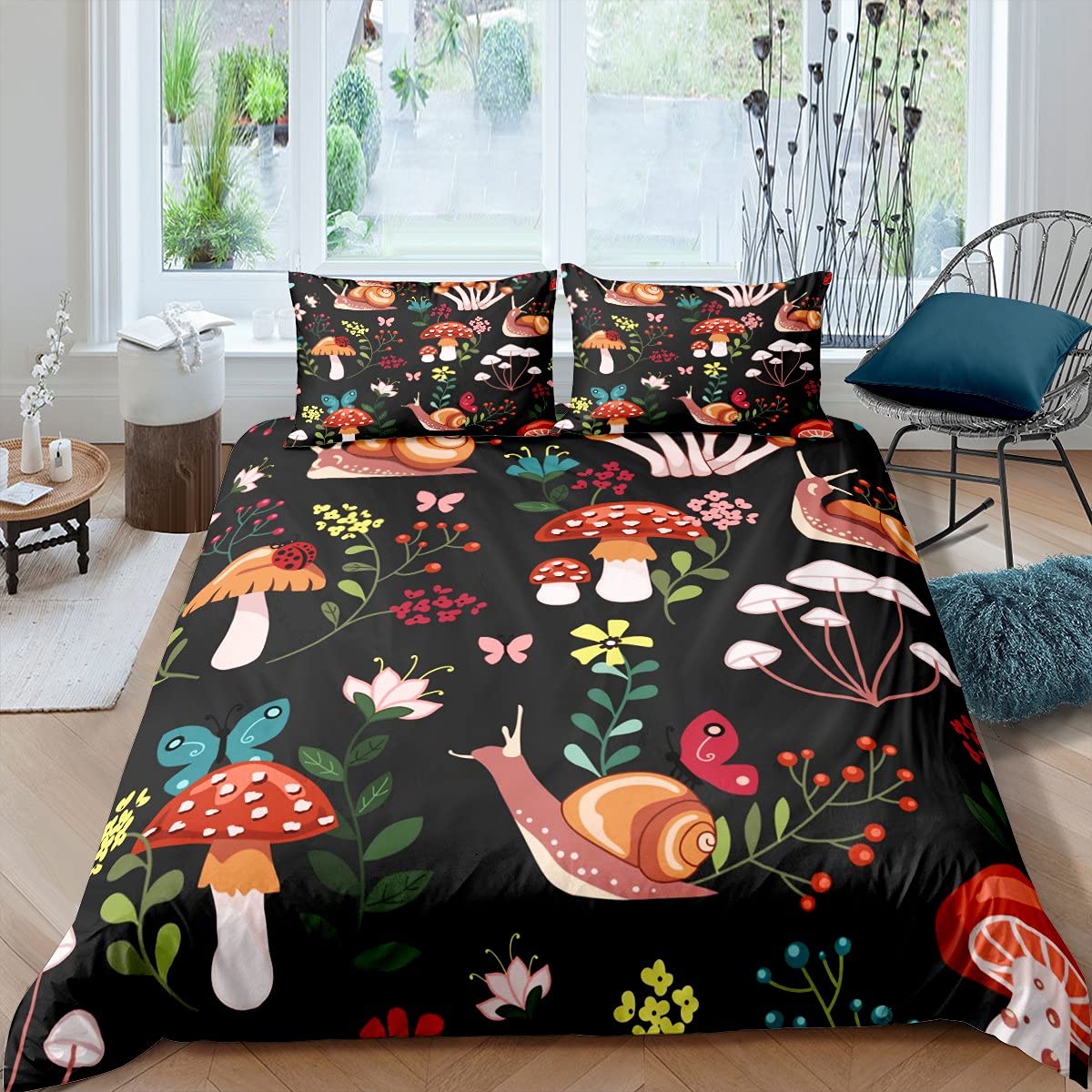 Natural Cartoon Plant World King Size Bedding Set - Watercolor Snails, Mushrooms, Butterflies & Flowers Duvet Cover with 2 Pillowcases for Boys & Teens | Fresh Style Comforters for Kids' Bedrooms, Dorms & Cozy Home Decor