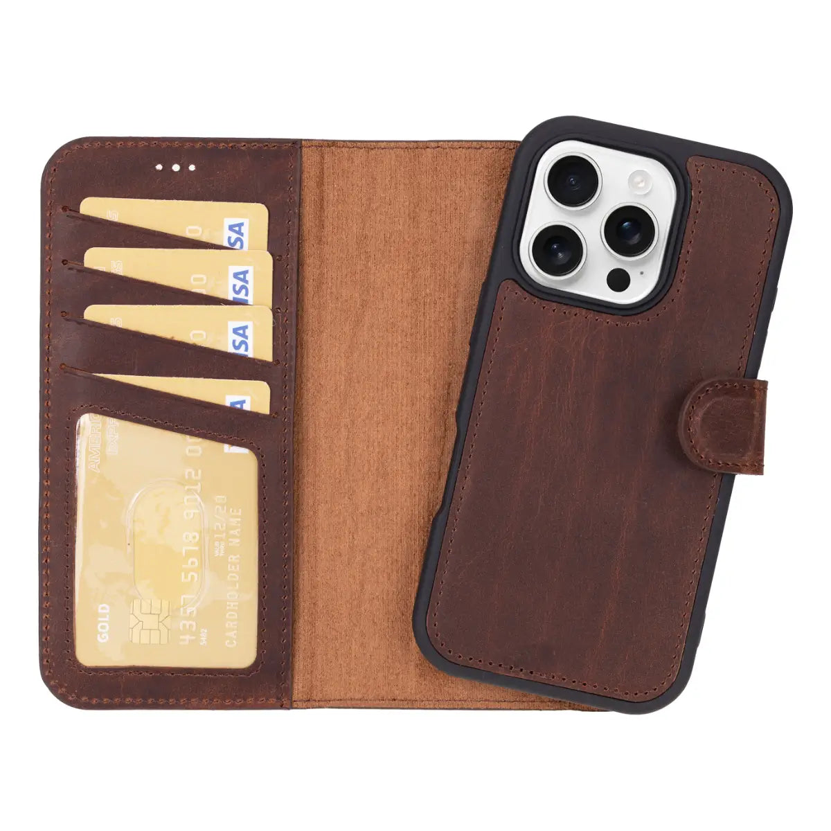Vintage Distressed Brown Leather iPhone 17 Pro Wallet Case - Slim Protective Cover with Card Slots for Credit Cards & ID - Perfect for Travel, Business & Everyday Use