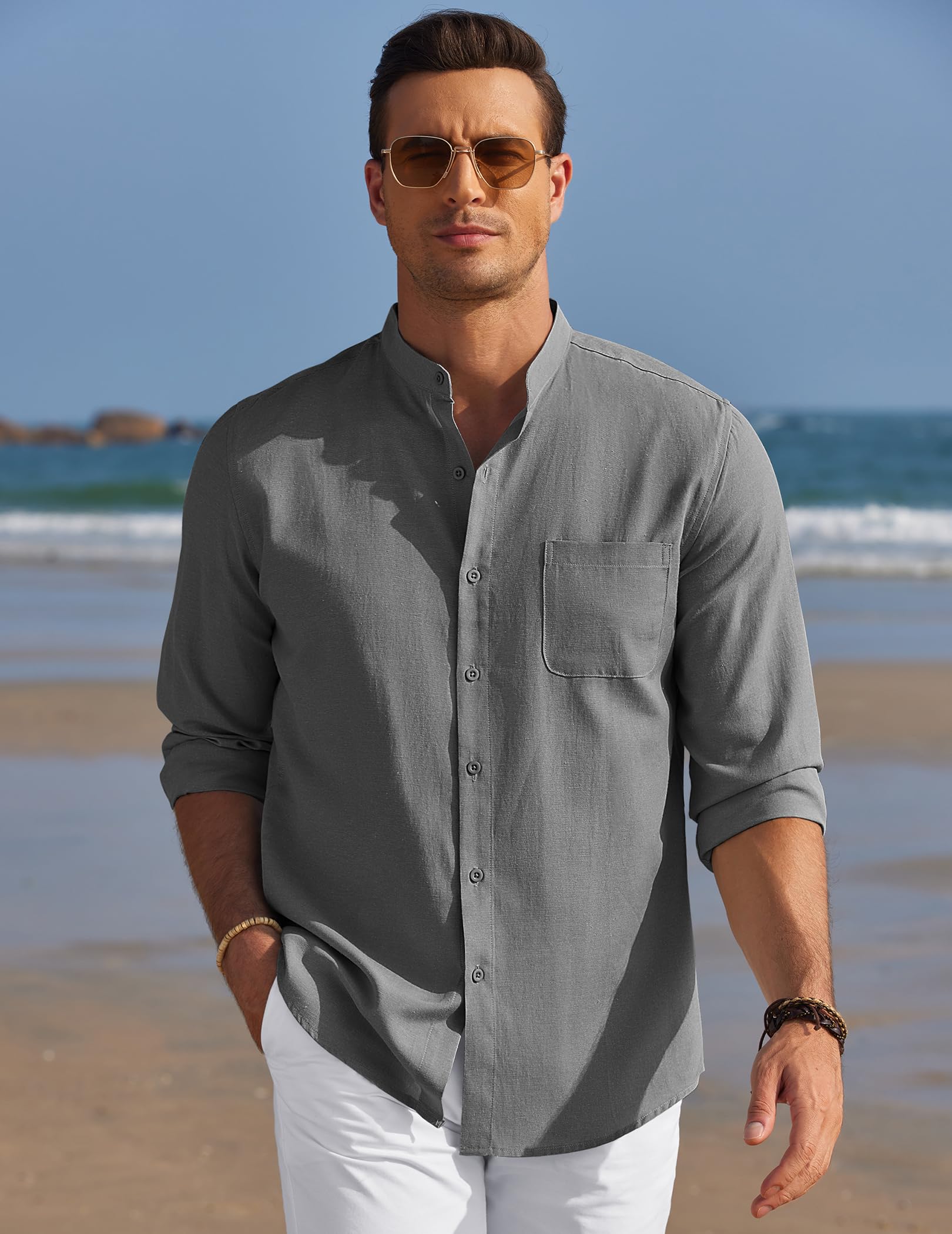 COOFANDY Men's Long Sleeve Linen Shirt - Band Collar Button Down Oxford Dress Shirt for Casual & Business Wear | Breathable Summer Office & Wedding Attire