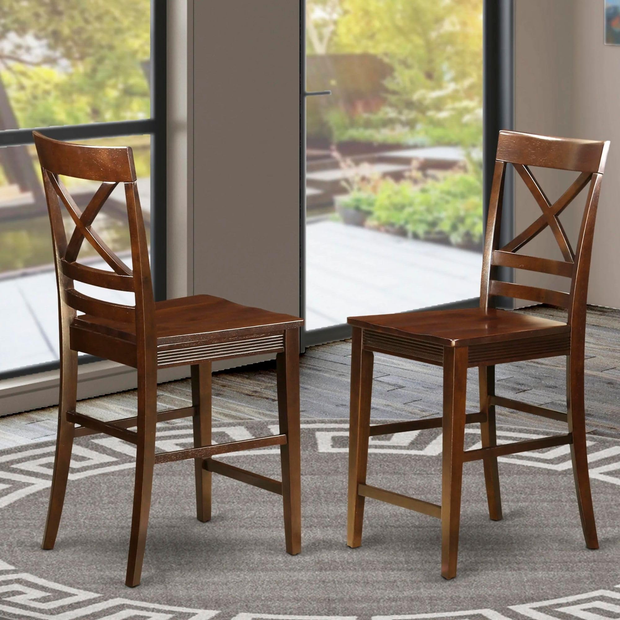 East West Furniture Quincy Counter Barstool - Set of 2 Mahogany Wooden Pub Height Bar Stools for Kitchen Island, Breakfast Nook & Home Bar Decor