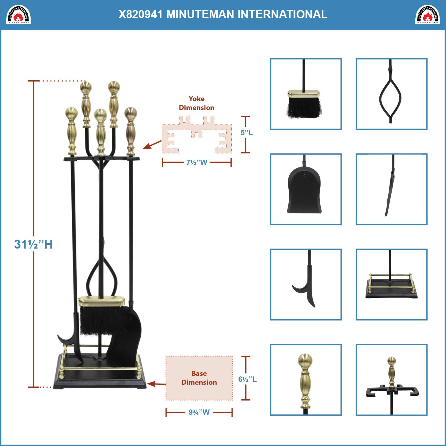 Premium Oxford 5-Piece Fireplace Tool Set - Polished Brass & Black Finish - Heavy Duty Fireplace Accessories for Wood Burning Stoves, Fire Pits & Home Decor