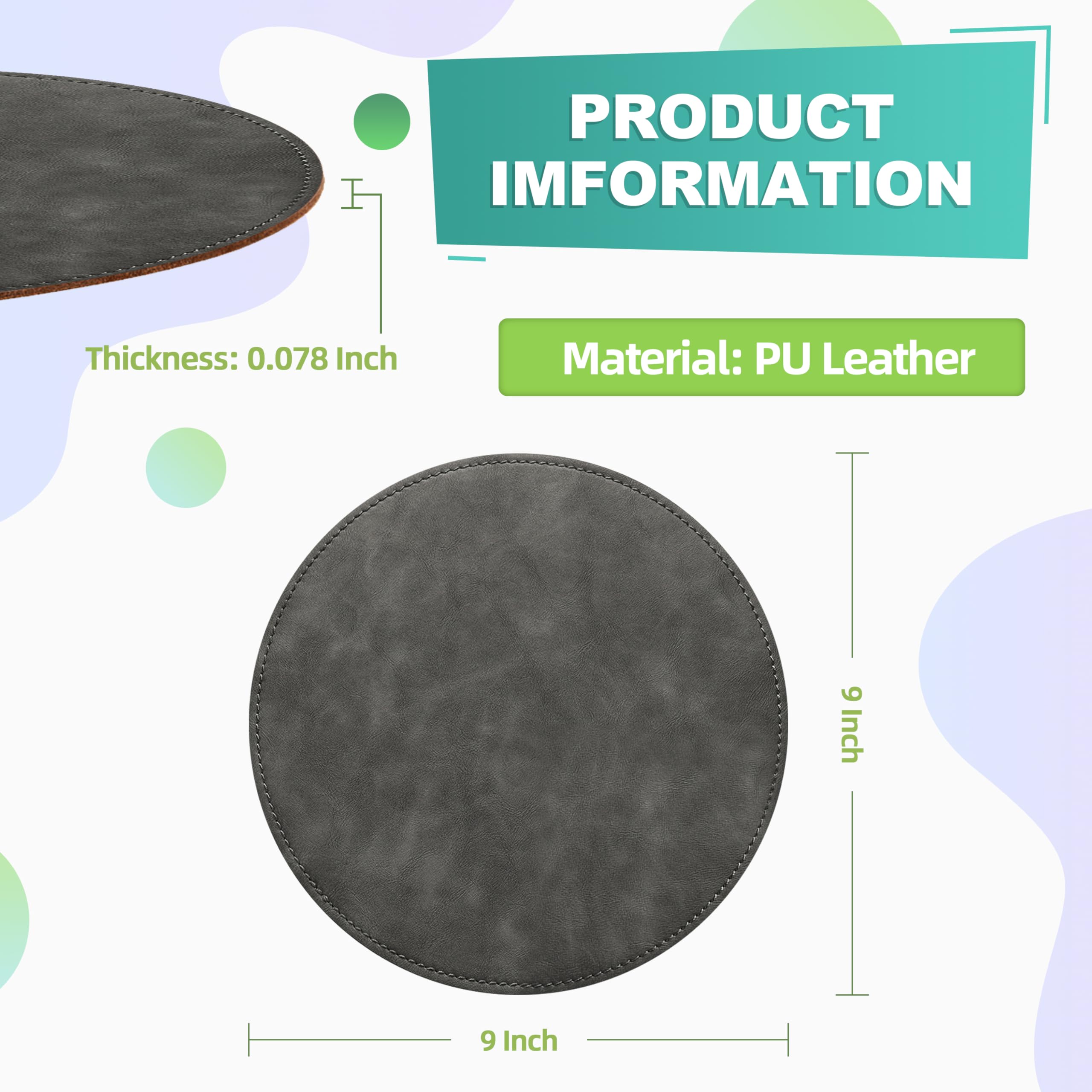 Premium Round PU Leather Mouse Pad with Stitched Edge & Non-Slip Micro-Fiber Base - Waterproof Desk Mat for Computer, Laptop, Gaming (9x9 Inch, Gray) - Perfect for Office, Home & Workspace Setup