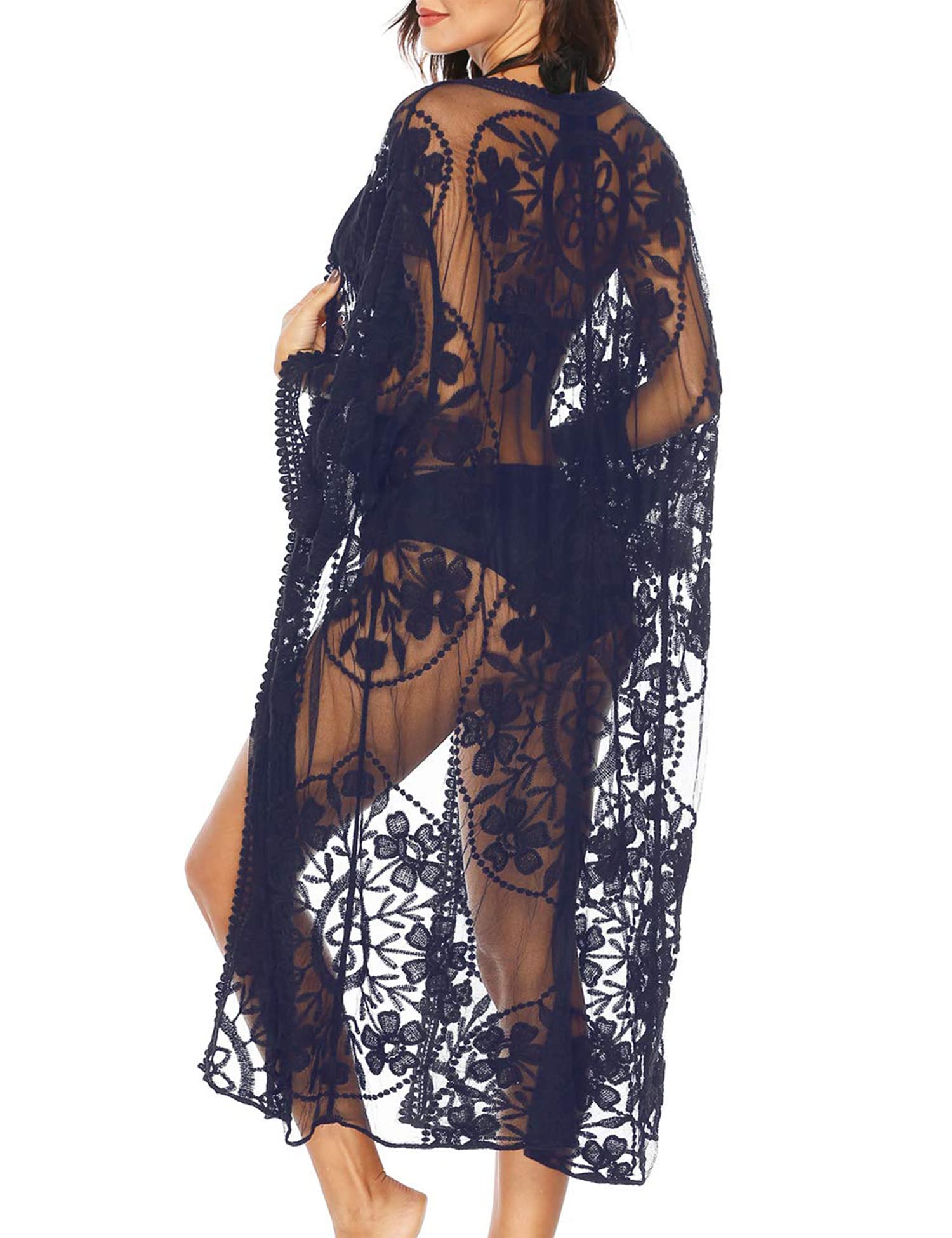 Women's Floral Lace Crochet Cardigan - Sheer Long Open Kimono Beach Cover Up for Summer, Boho Chic Outerwear for Casual Wear, Vacation, and Outdoor Activities