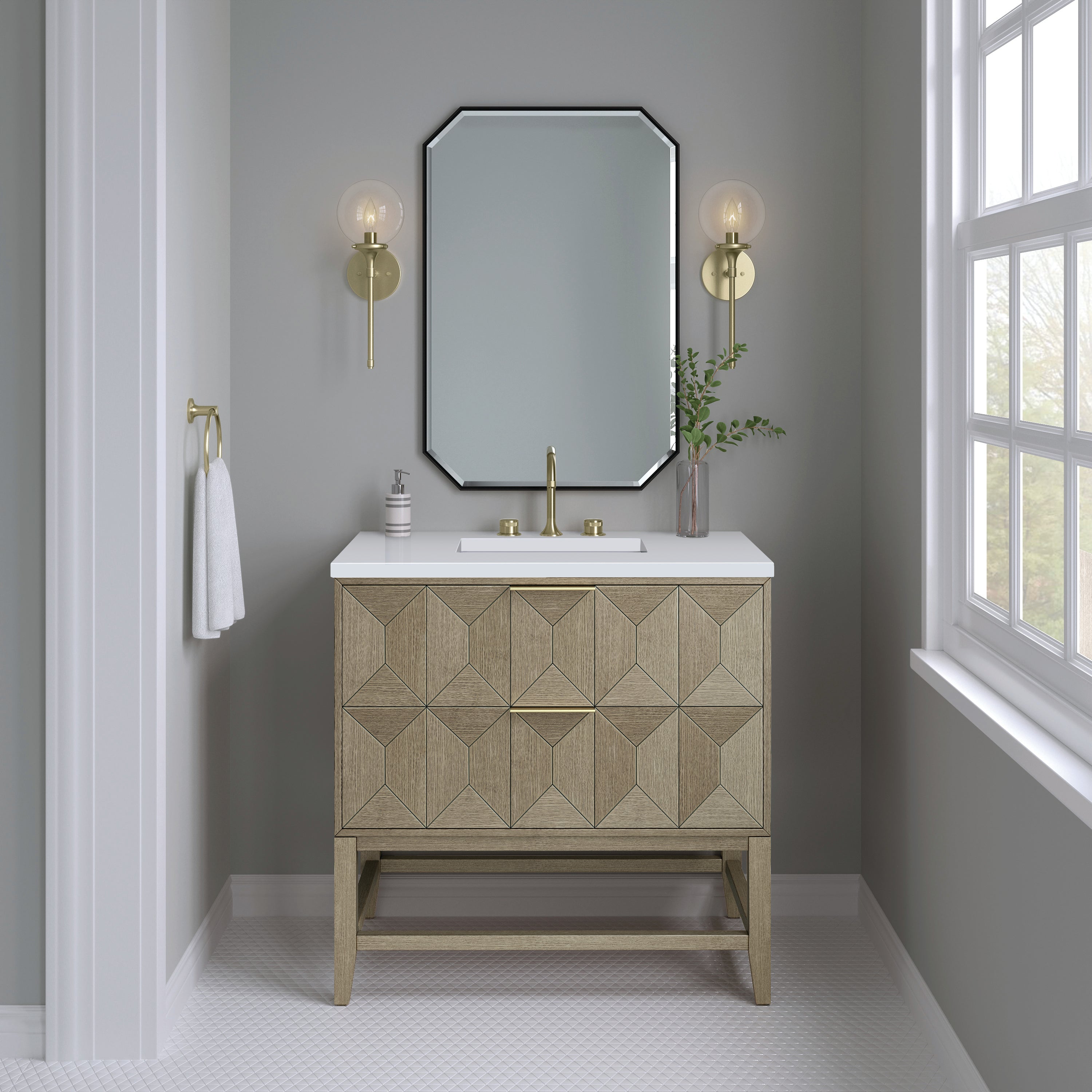 Emmeline 36 Inch Single Bathroom Vanity with White Zeus Quartz Top - Pebble Oak Finish for Modern Home Decor | Perfect for Small Bathrooms & Powder Rooms