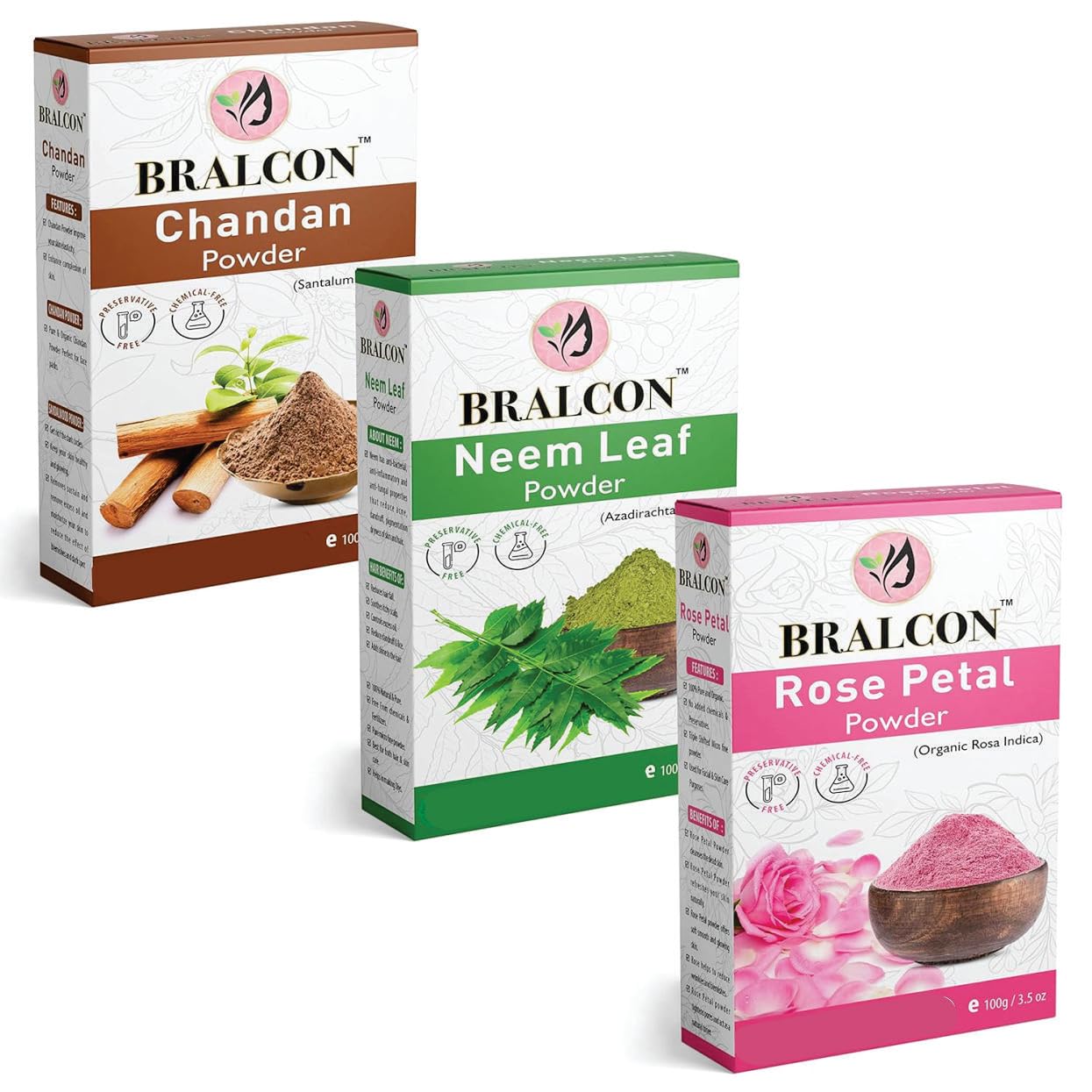 BRALCON Organic Chandan Powder, Neem Leaf Powder & Rose Petal Powder Combo - 300g (3 x 100g) | Natural Ayurvedic Face Pack for Glowing Skin, Whitening & Facial Care | Perfect for Daily Skincare Routine, Spa Treatments & Holistic Beauty Regimen