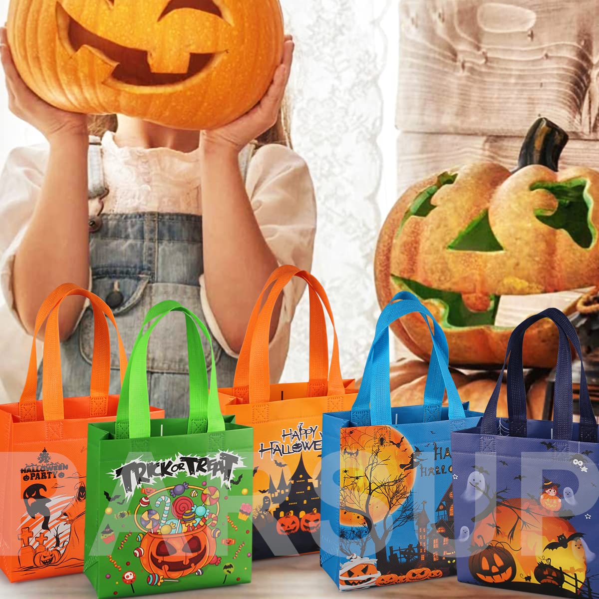 PARSUP 8PCS Halloween Trick or Treat Tote Bags with Handles - Reusable Non-Woven Gift Bags for Candy, Party Favors & Gift Wrapping (7.9