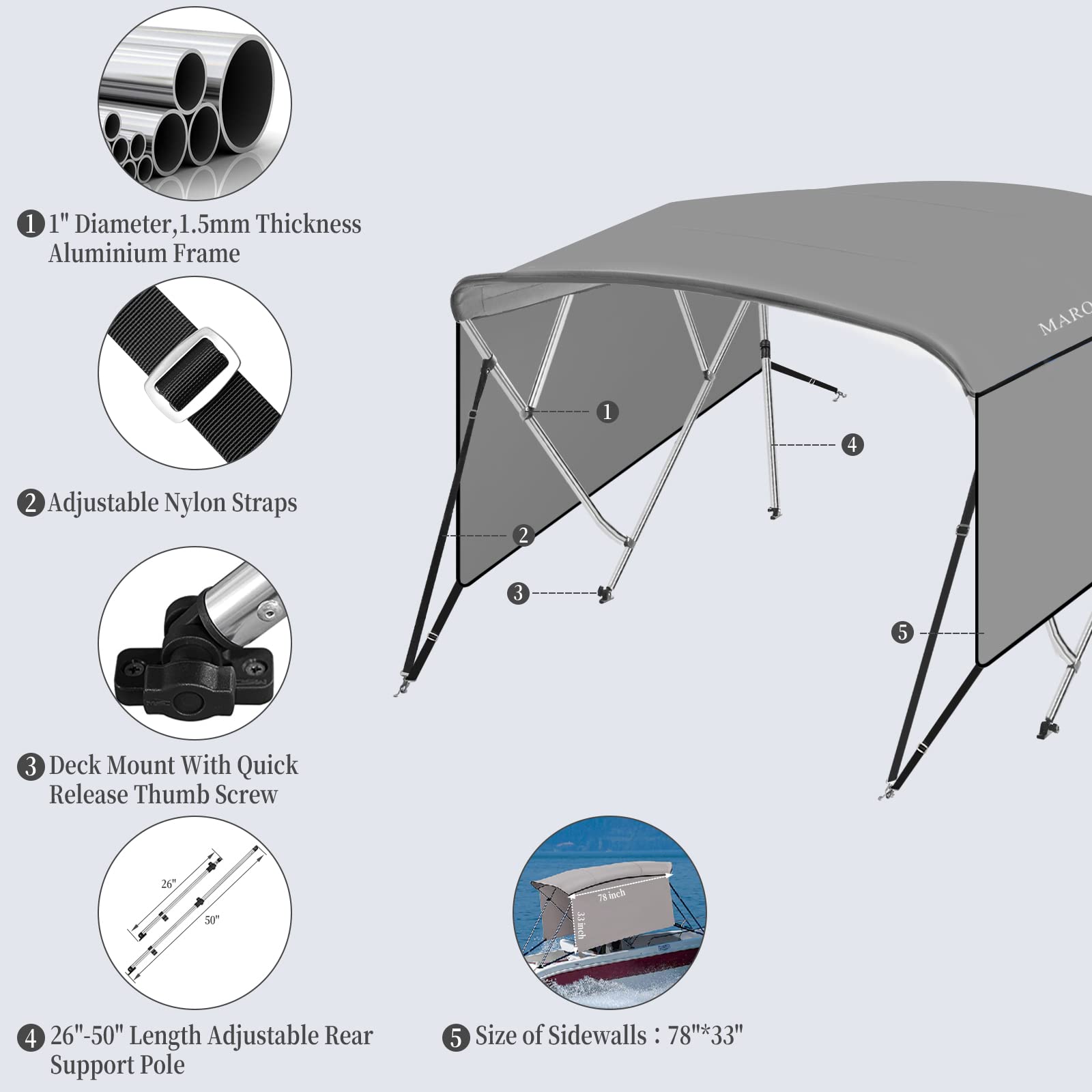 GARVEE 4 Bow Bimini Top Boat Cover - 8ft x 72in x 54in - 1 Inch Aluminum Alloy Frame with 2 Straps, 2 Adjustable Rear Support Poles & Zippered Storage Boot - Durable PU Coating Canvas - Perfect for Pontoon Boats, Fishing Boats & Water Sports Protection