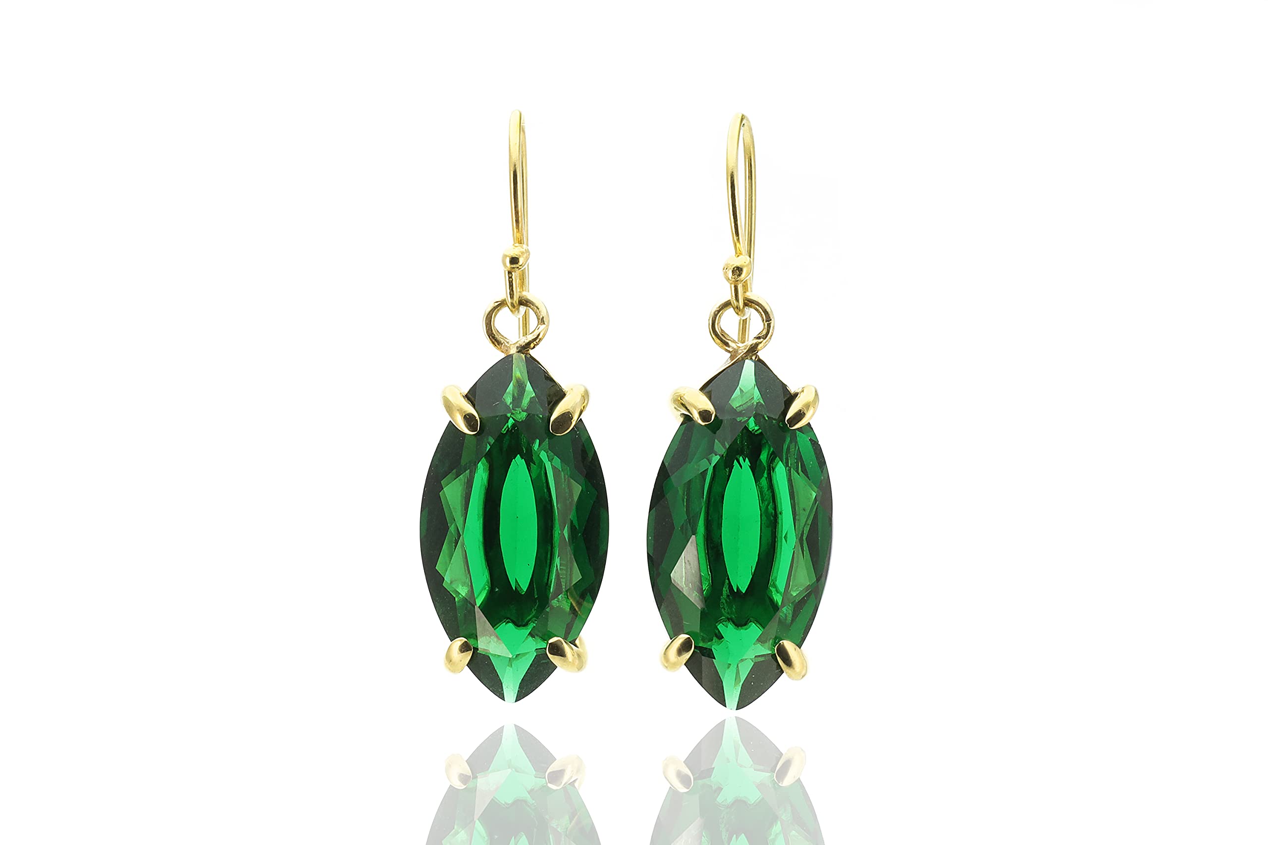 18k Solid Gold Marquise Cut Green Emerald Dangle Earrings - May Birthstone Jewelry - Minimalist Prong Setting Long Gemstone Earrings for Women - Perfect Gift for Birthday, Anniversary & Special Occasions