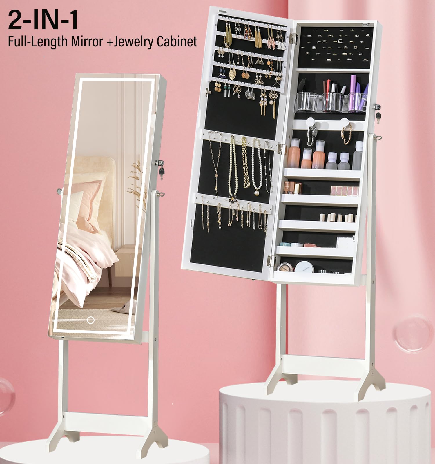 BOSTANA 6-LED Full Length Mirror Jewelry Cabinet with Touch Control & Adjustable Angles - White Jewelry Organizer Armoire with Storage | Perfect for Bedroom, Dressing Room & Closet Organization