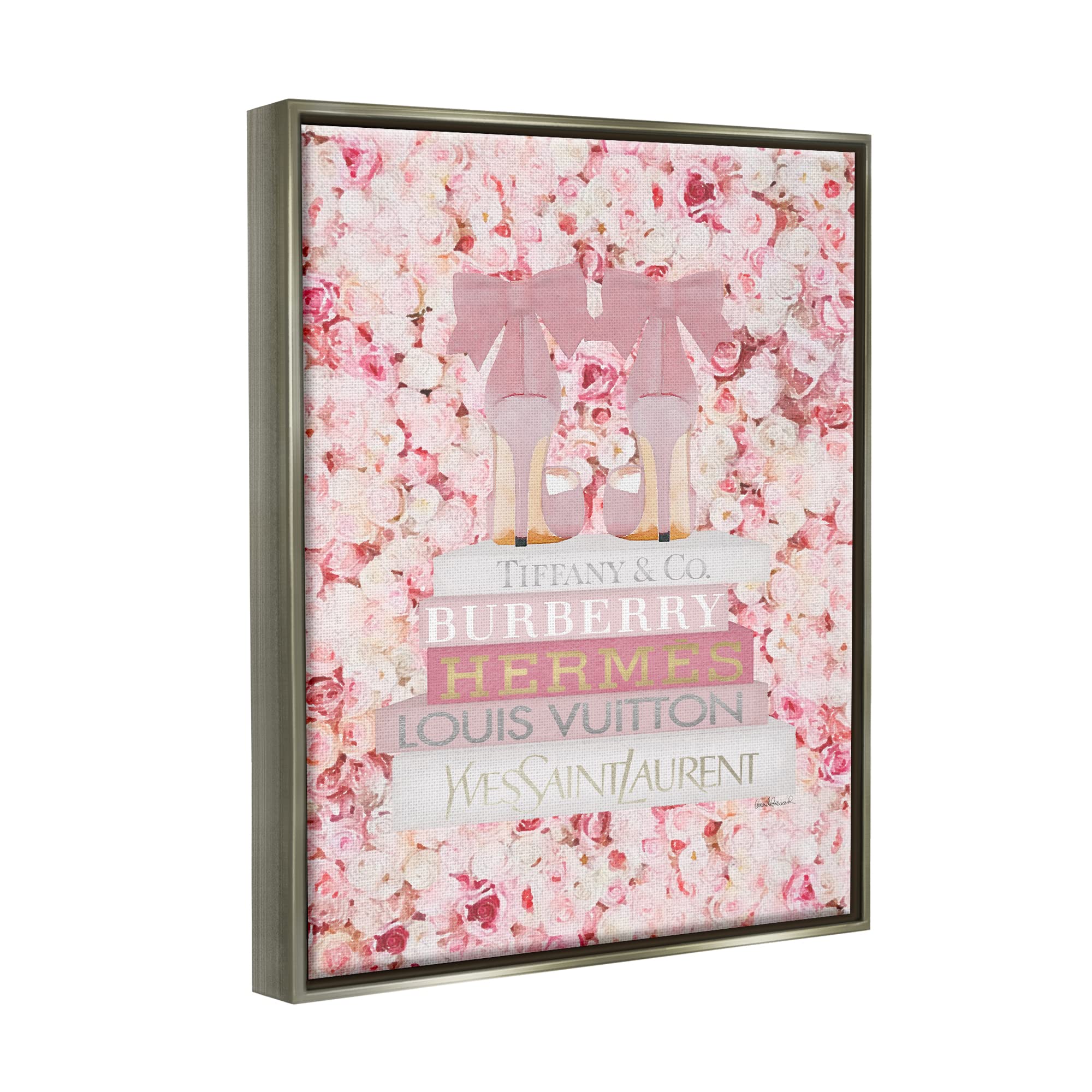 Stupell Industries Pink Fashion Heals Wall Art with Glam Books & Rose Details - Floater Frame Design by Amanda Greenwood - Perfect for Bedroom, Living Room & Office Decor