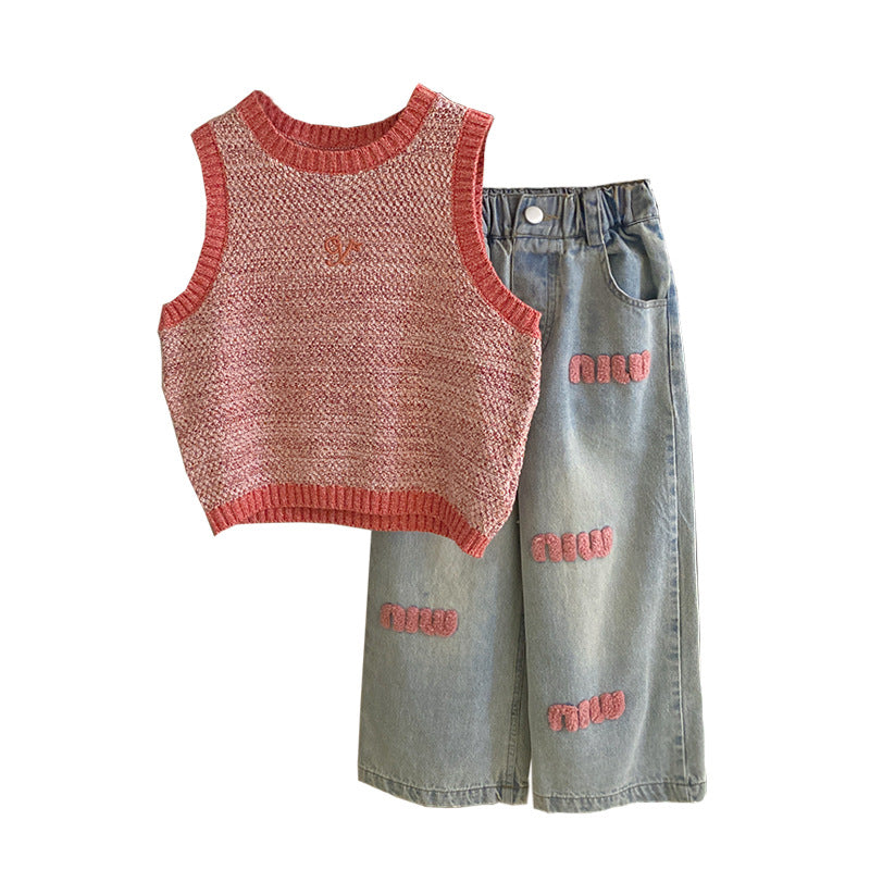 Stylish Contrast Color Knitted Vest and Jeans 2-Piece Set for Toddlers - Perfect for Playdates, Family Outings, and Photo Shoots